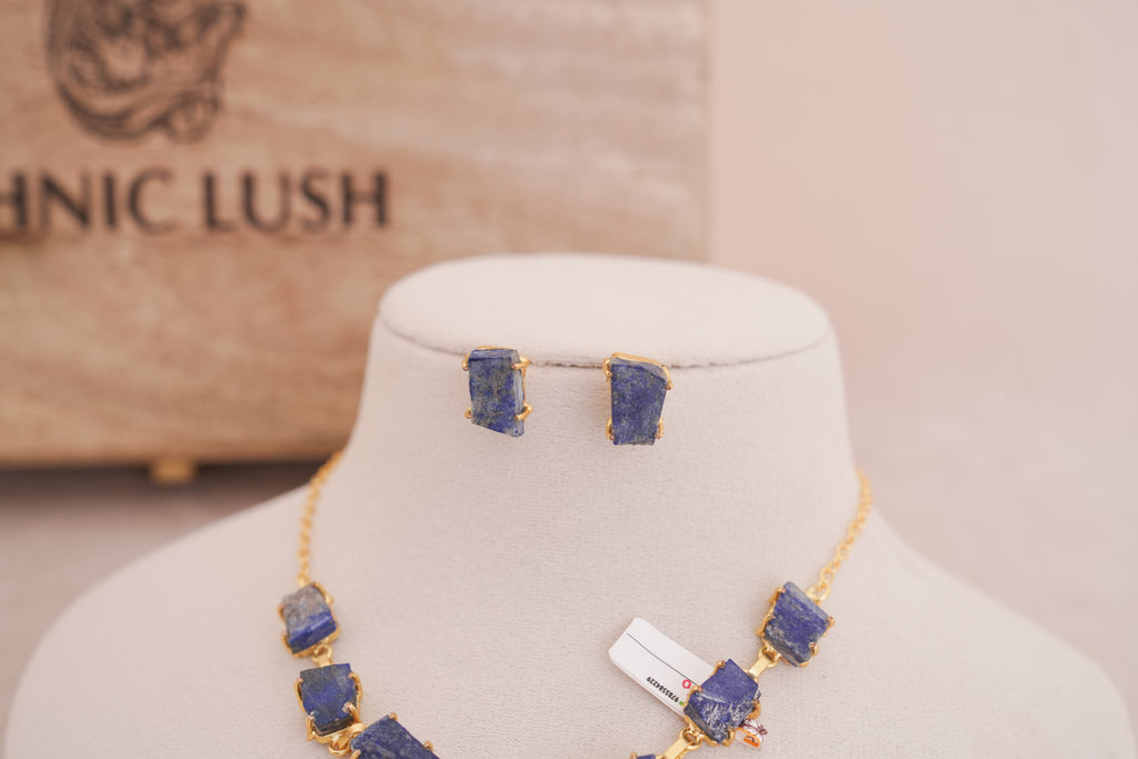 Raw Lapiz Statement Necklace with Earrings