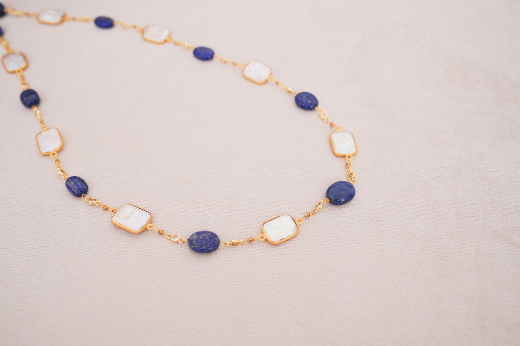Lapiz lazuli & Baroque Pearl Alternating Chain Necklace
