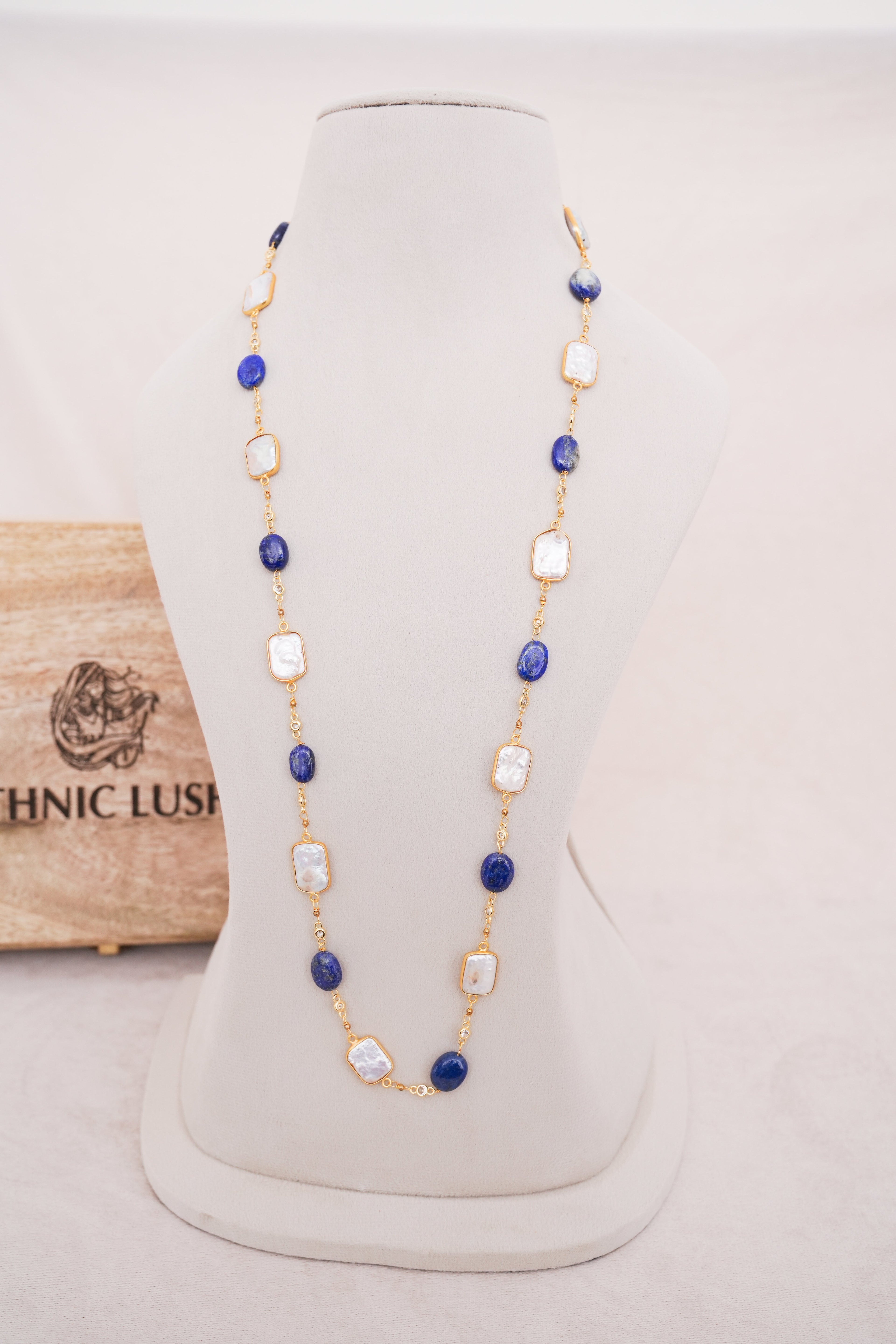 Lapiz lazuli & Baroque Pearl Alternating Chain Necklace