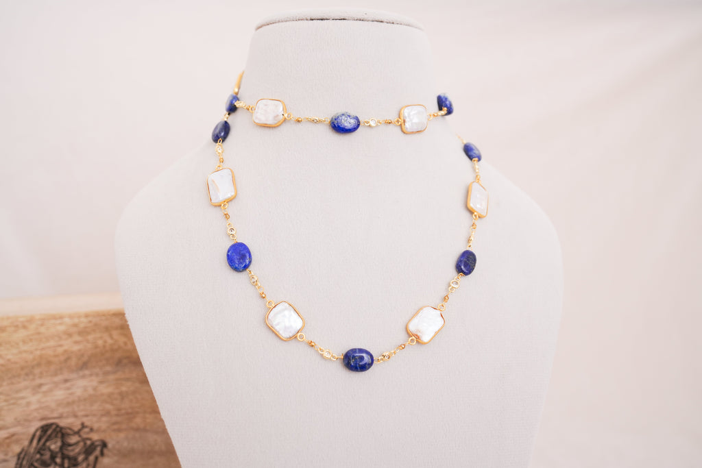 Lapiz lazuli & Baroque Pearl Alternating Chain Necklace