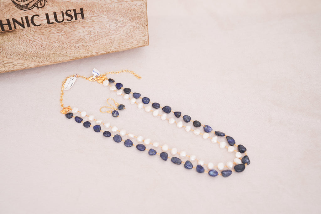 Handcrafted Lapiz Lazuli & Freshwater Pearl Double Layer Necklace with Matching Earrings
