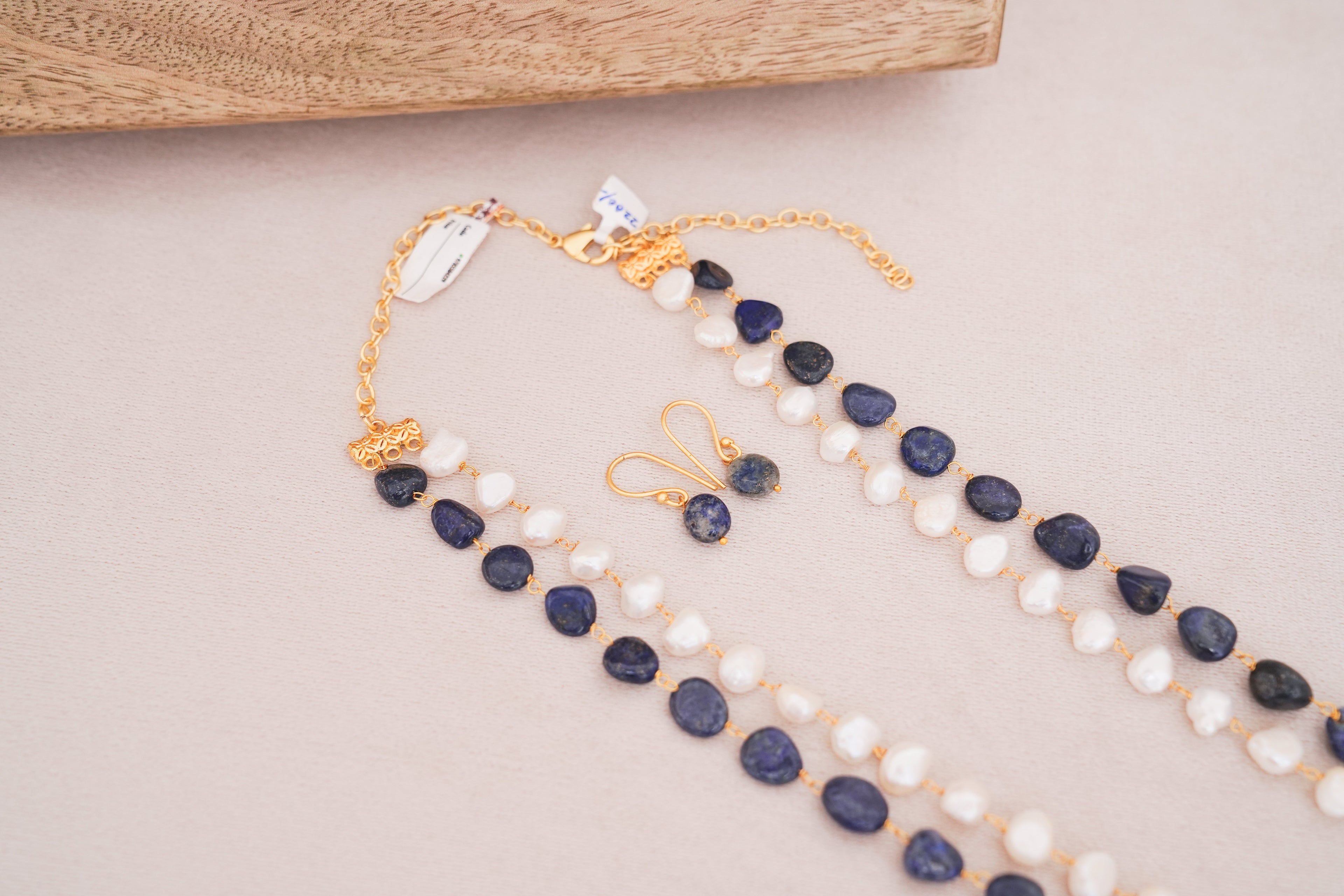 Handcrafted Lapiz Lazuli & Freshwater Pearl Double Layer Necklace with Matching Earrings