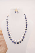 Handcrafted Lapiz Lazuli & Freshwater Pearl Double Layer Necklace with Matching Earrings
