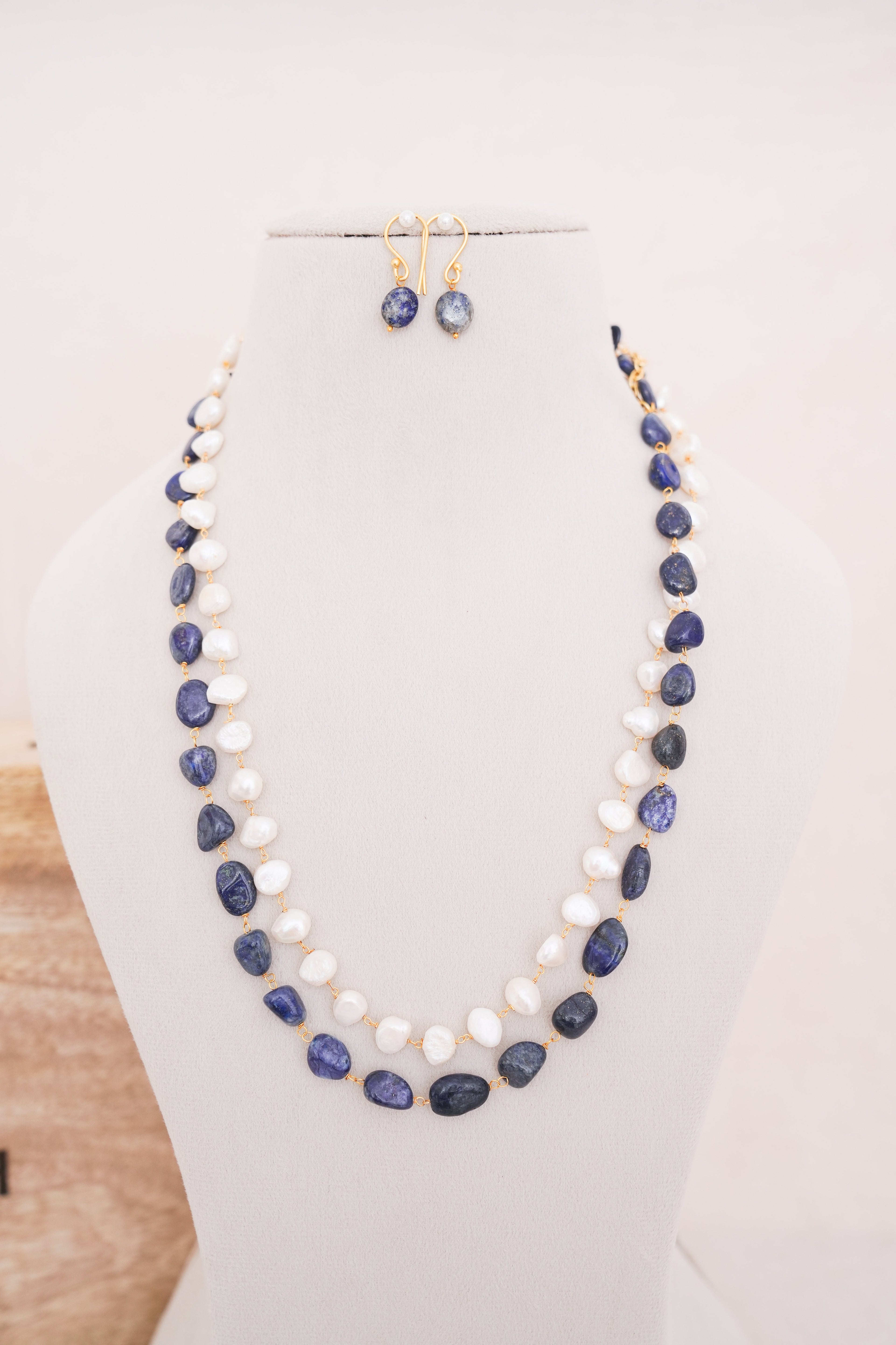 Handcrafted Lapiz Lazuli & Freshwater Pearl Double Layer Necklace with Matching Earrings