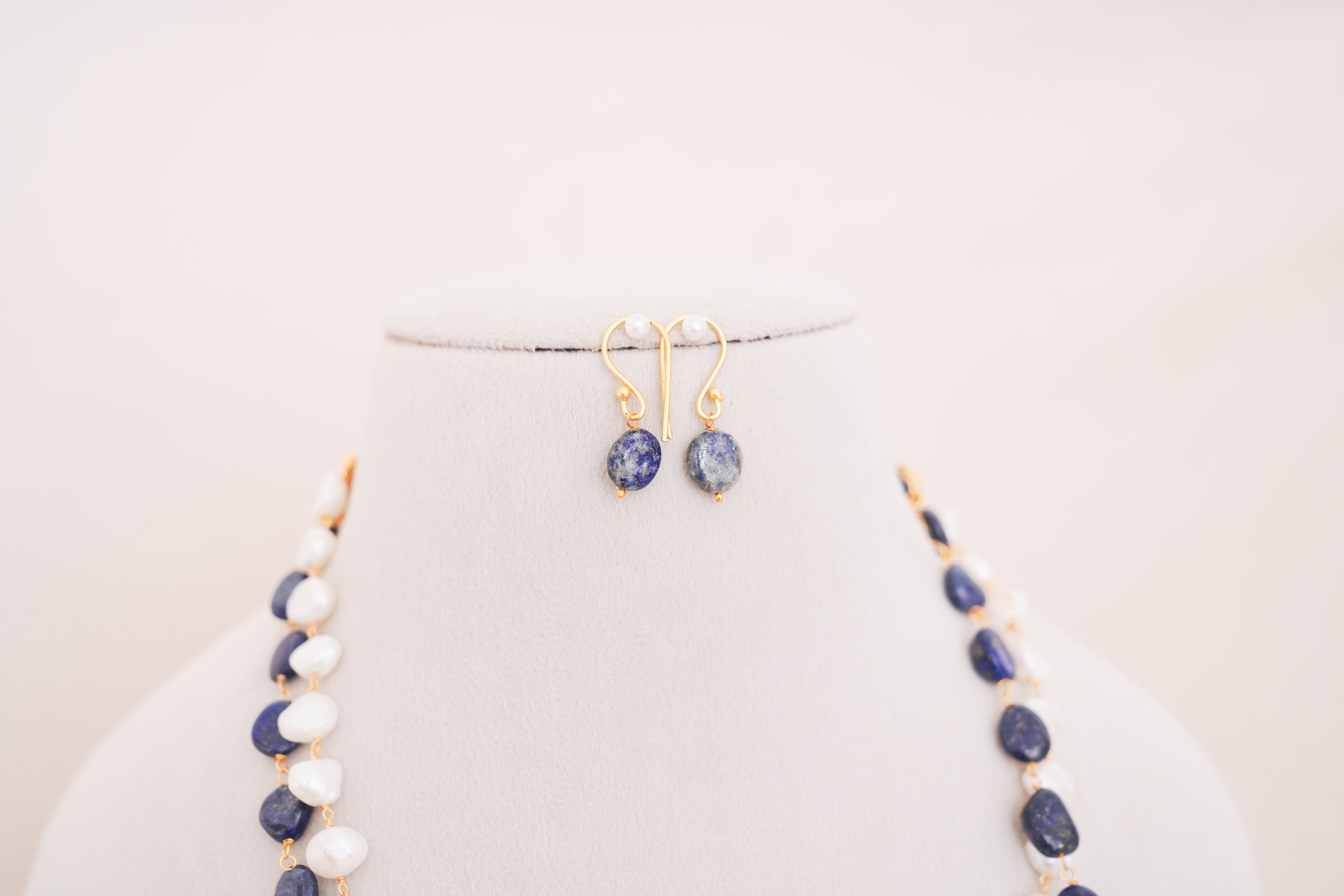 Handcrafted Lapiz Lazuli & Freshwater Pearl Double Layer Necklace with Matching Earrings