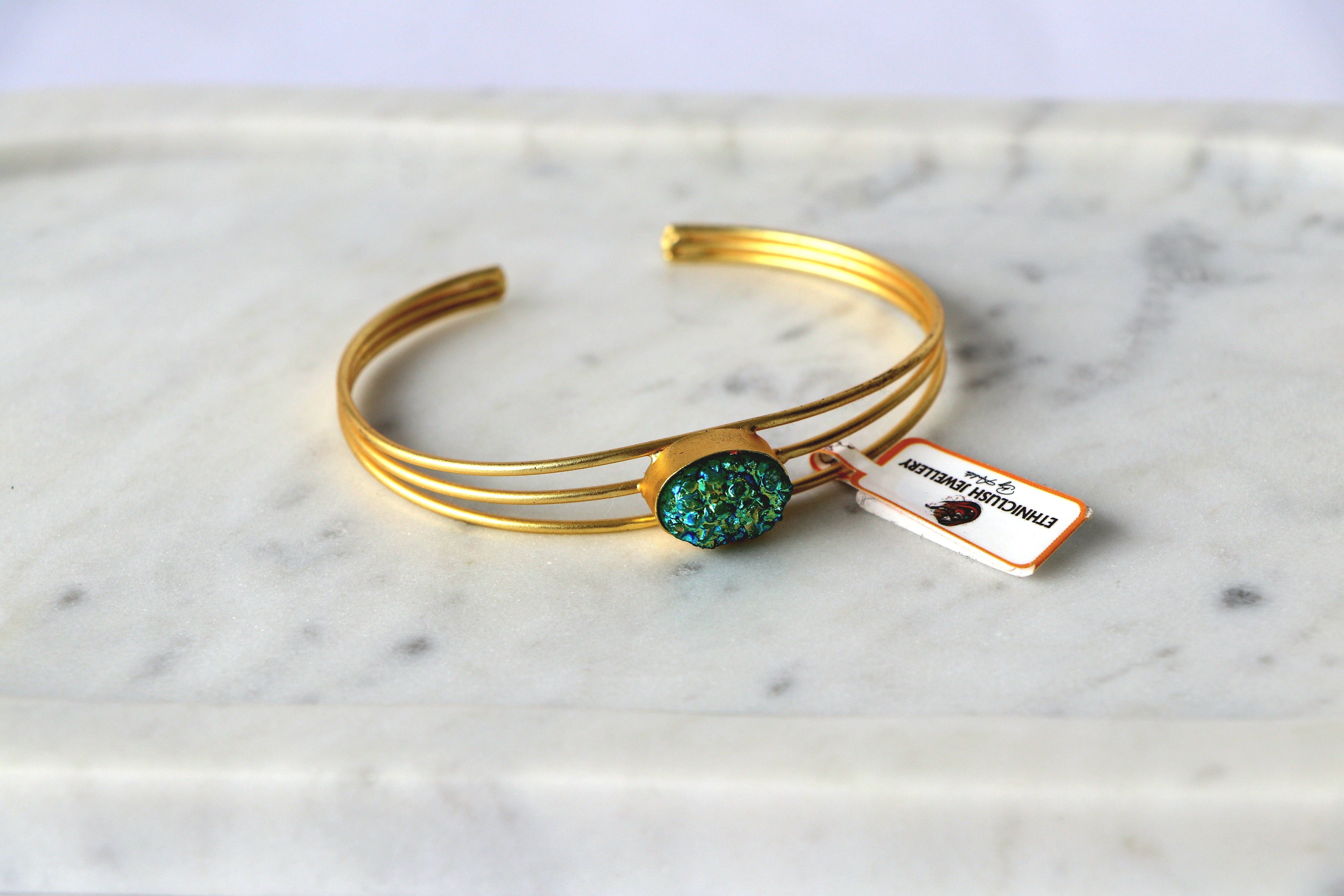 Green Druzy Triple Wire Cuff Bracelet