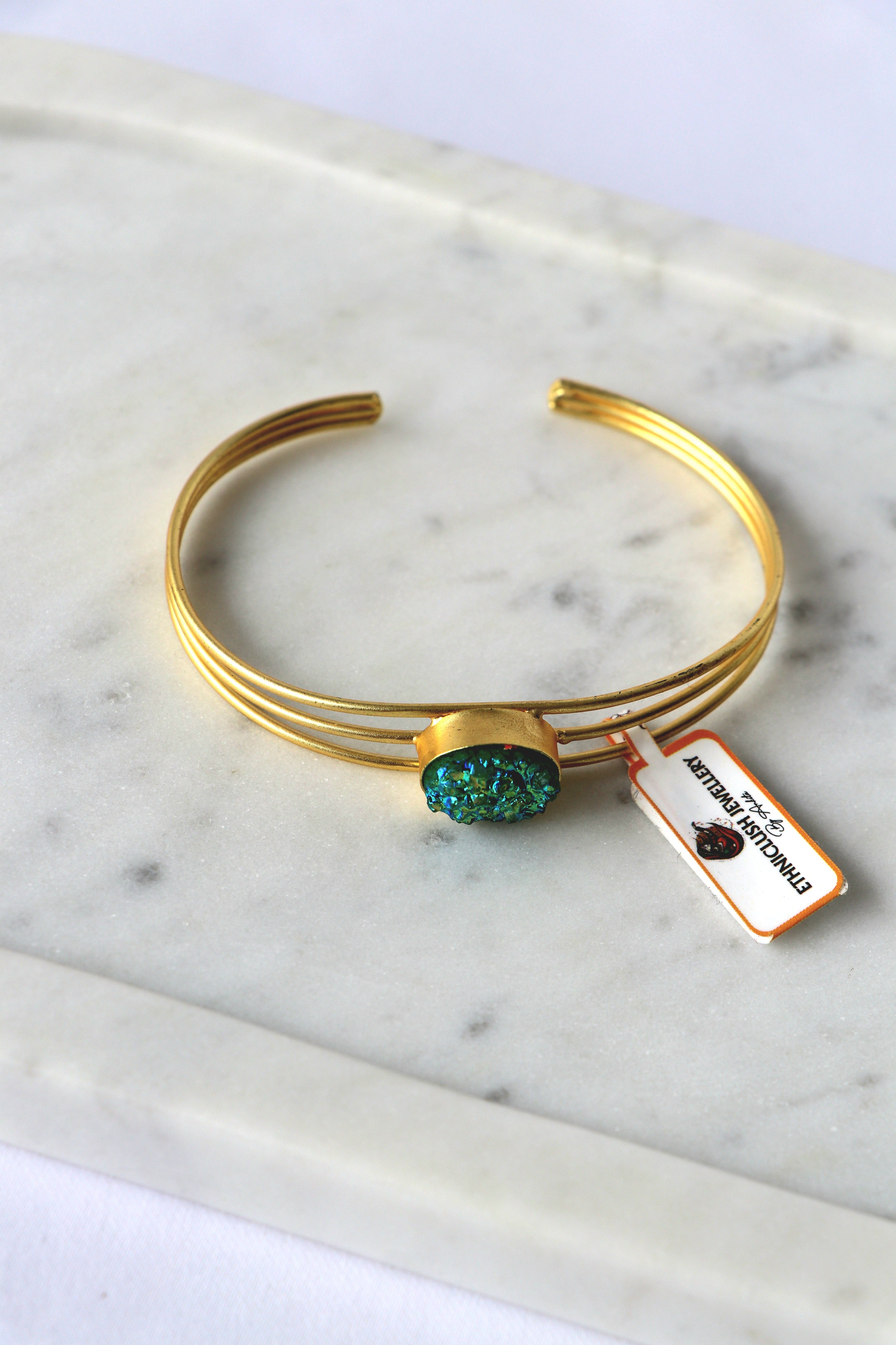 Green Druzy Triple Wire Cuff Bracelet