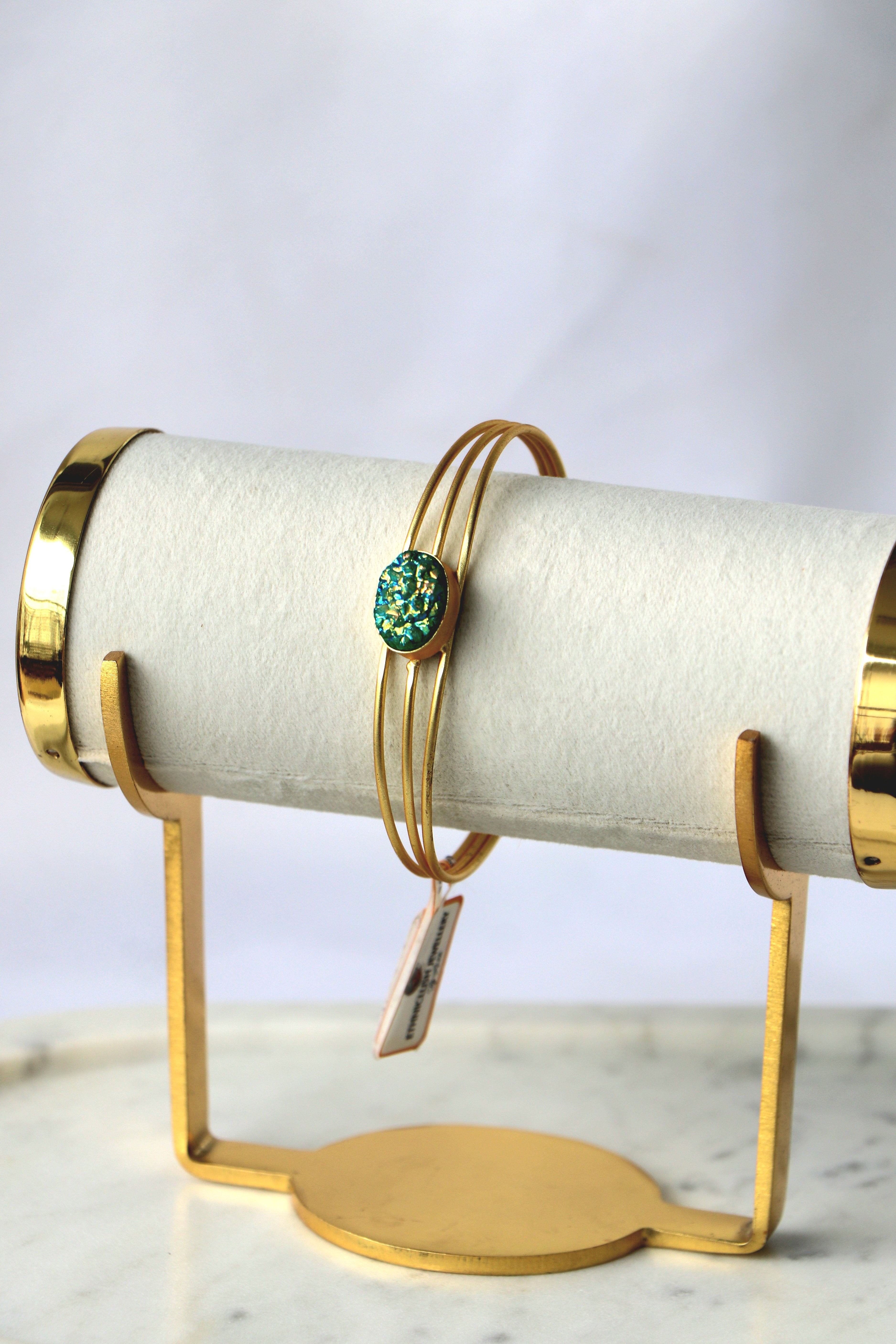 Green Druzy Triple Wire Cuff Bracelet