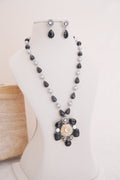 Silver Polish Black Stone Statement Pendant Necklace Set