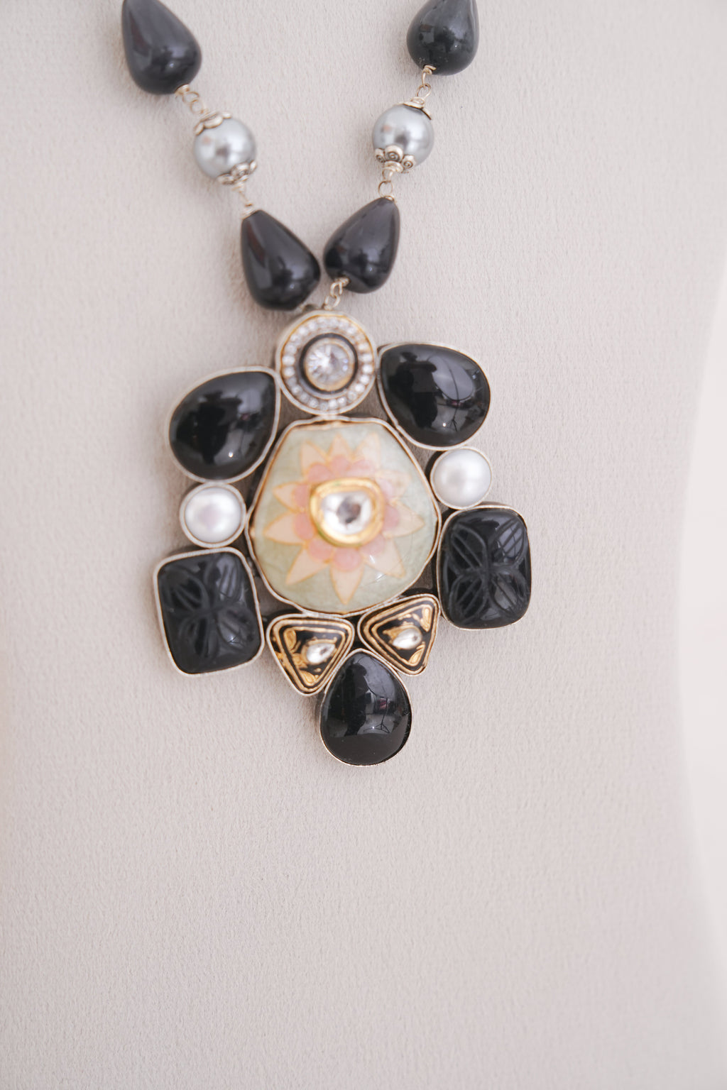 Silver Polish Black Stone Statement Pendant Necklace Set
