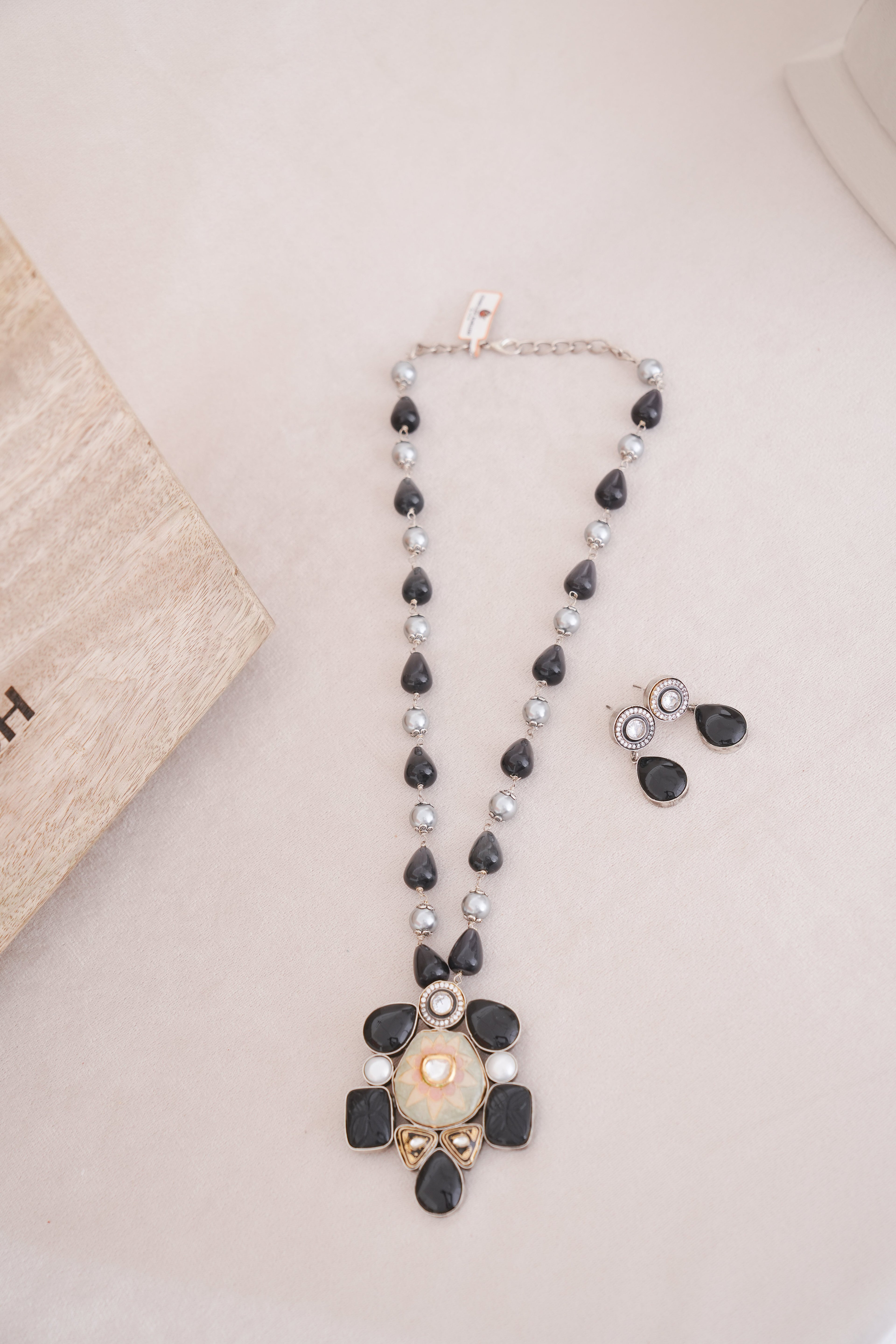 Silver Polish Black Stone Statement Pendant Necklace Set