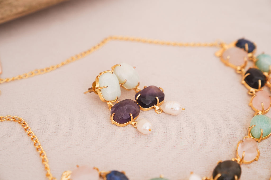 Handcrafted MultiGemstone & Pearl Statement Double Layer Choker