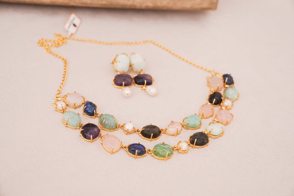 Handcrafted MultiGemstone & Pearl Statement Double Layer Choker