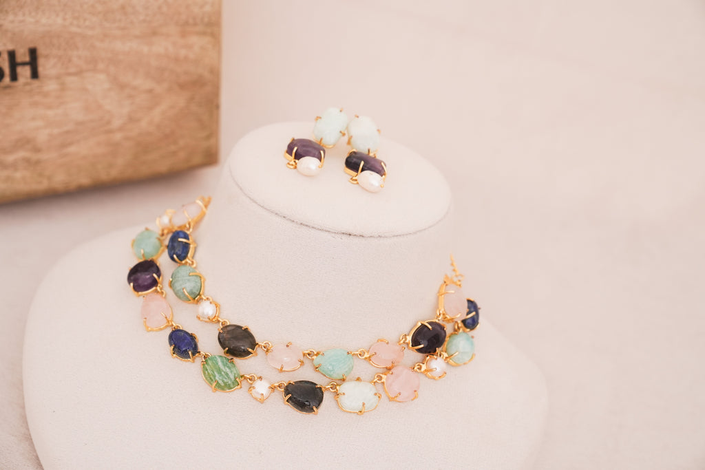 Handcrafted MultiGemstone & Pearl Statement Double Layer Choker