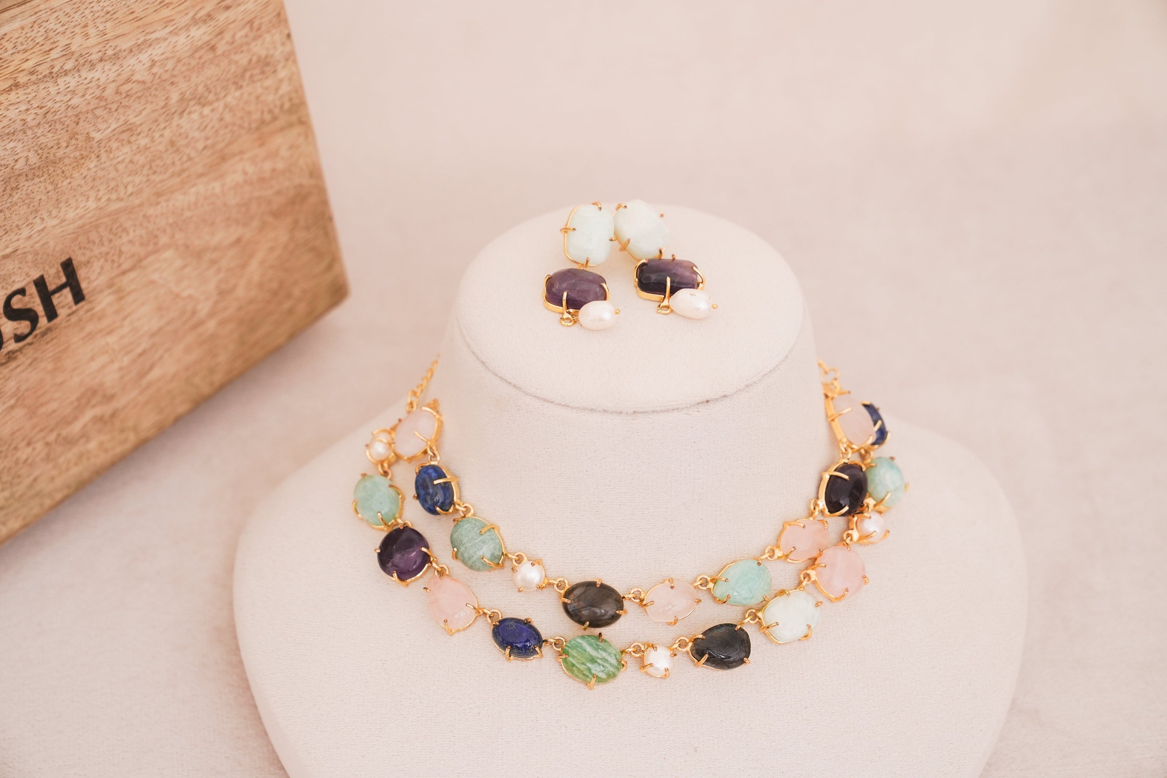 Handcrafted MultiGemstone & Pearl Statement Double Layer Choker