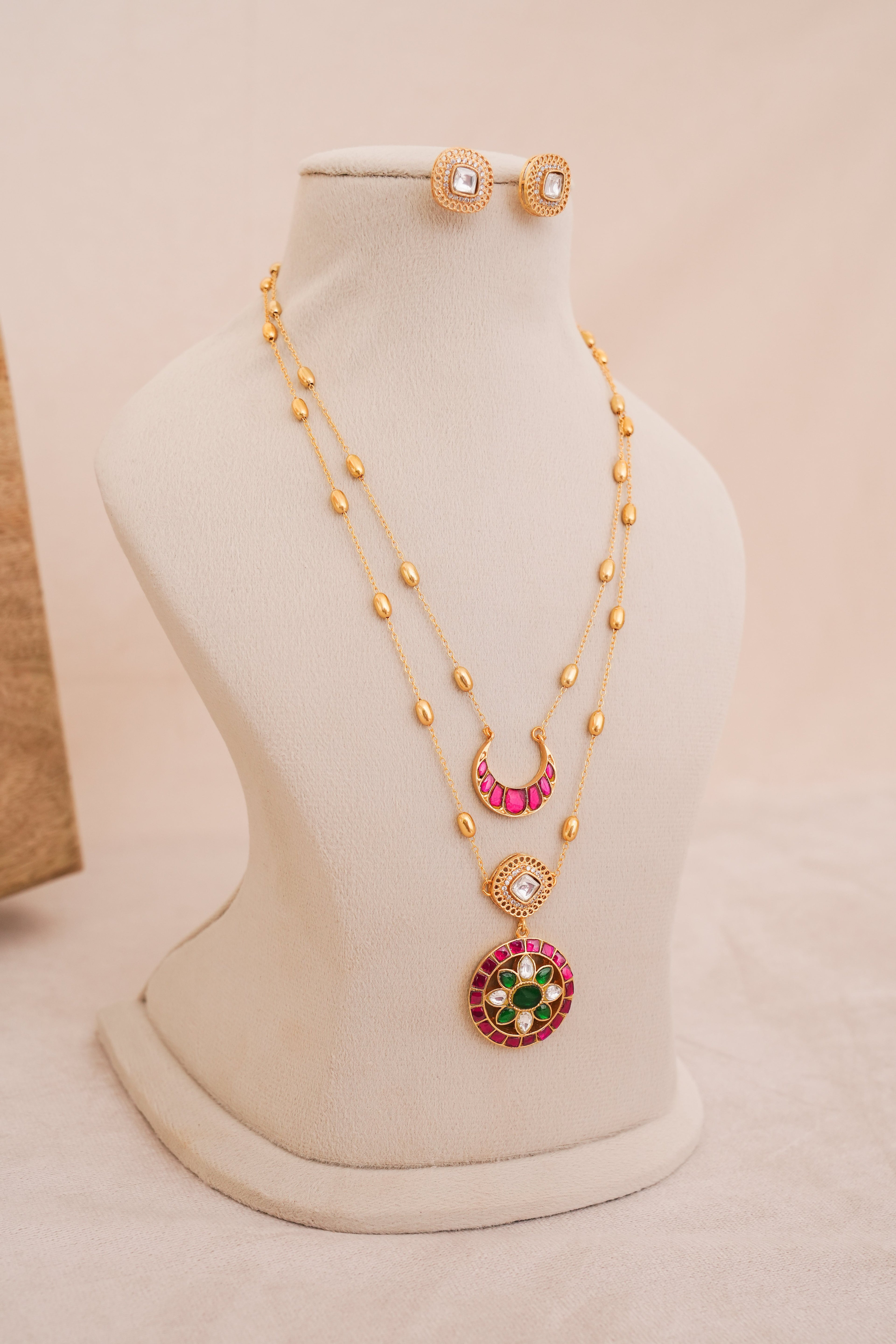 Crescent Jadau Kundan Pink & Green Dual Strand Pendant Set