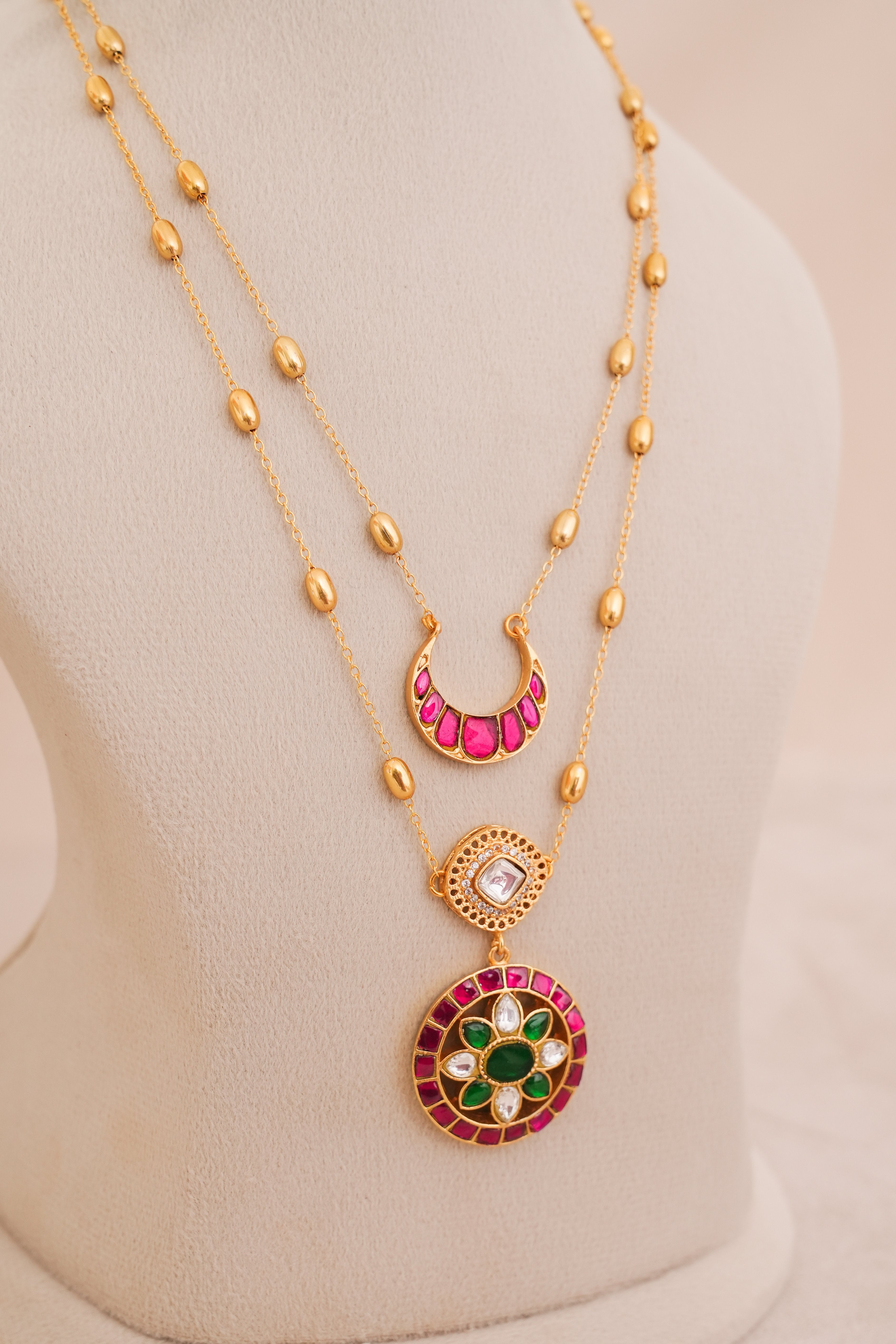 Crescent Jadau Kundan Pink & Green Dual Strand Pendant Set