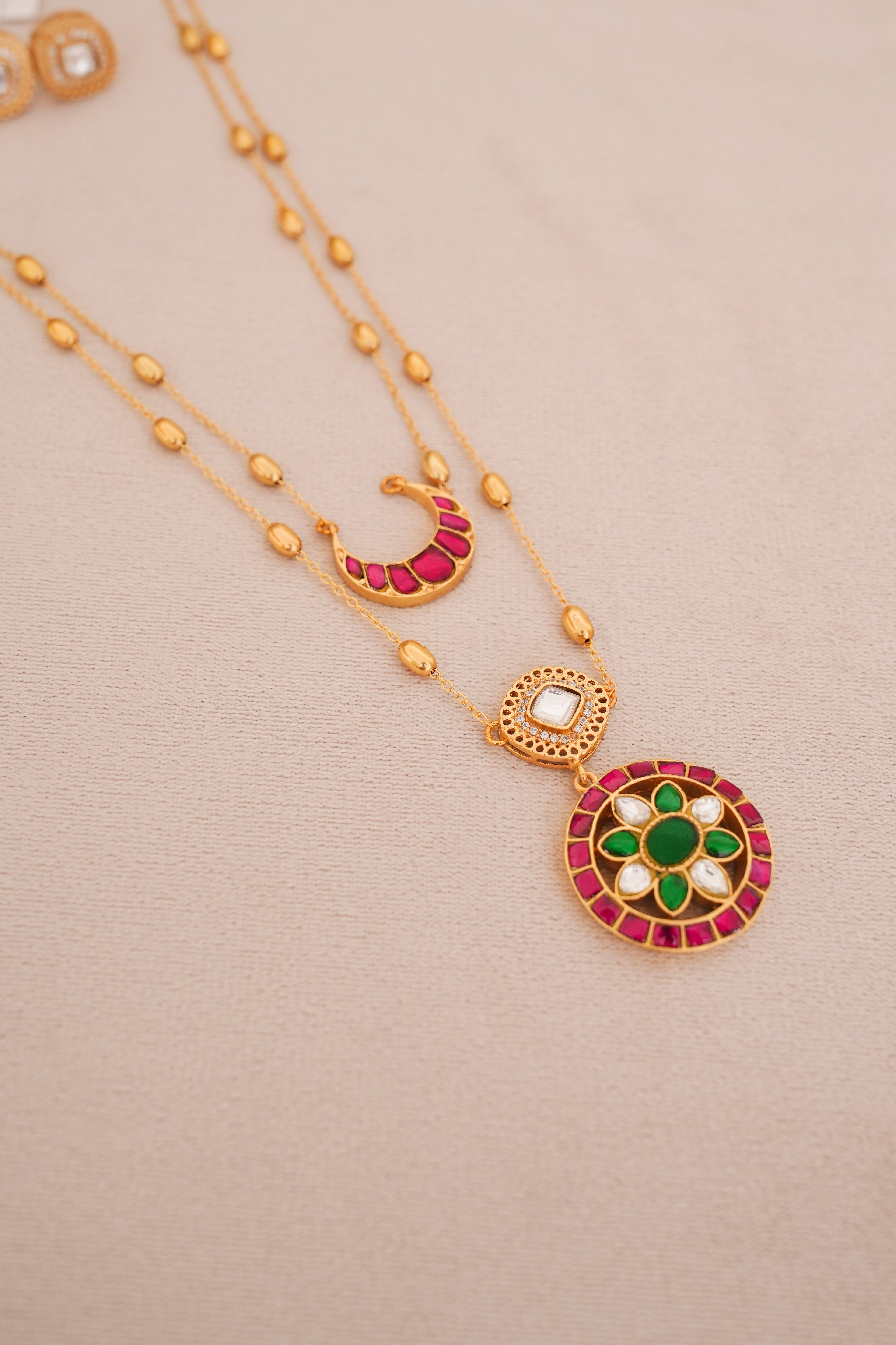 Crescent Jadau Kundan Pink & Green Dual Strand Pendant Set