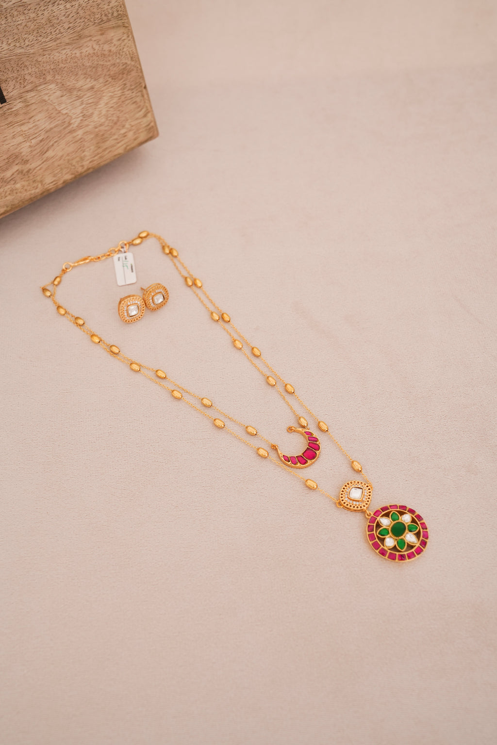 Crescent Jadau Kundan Pink & Green Dual Strand Pendant Set