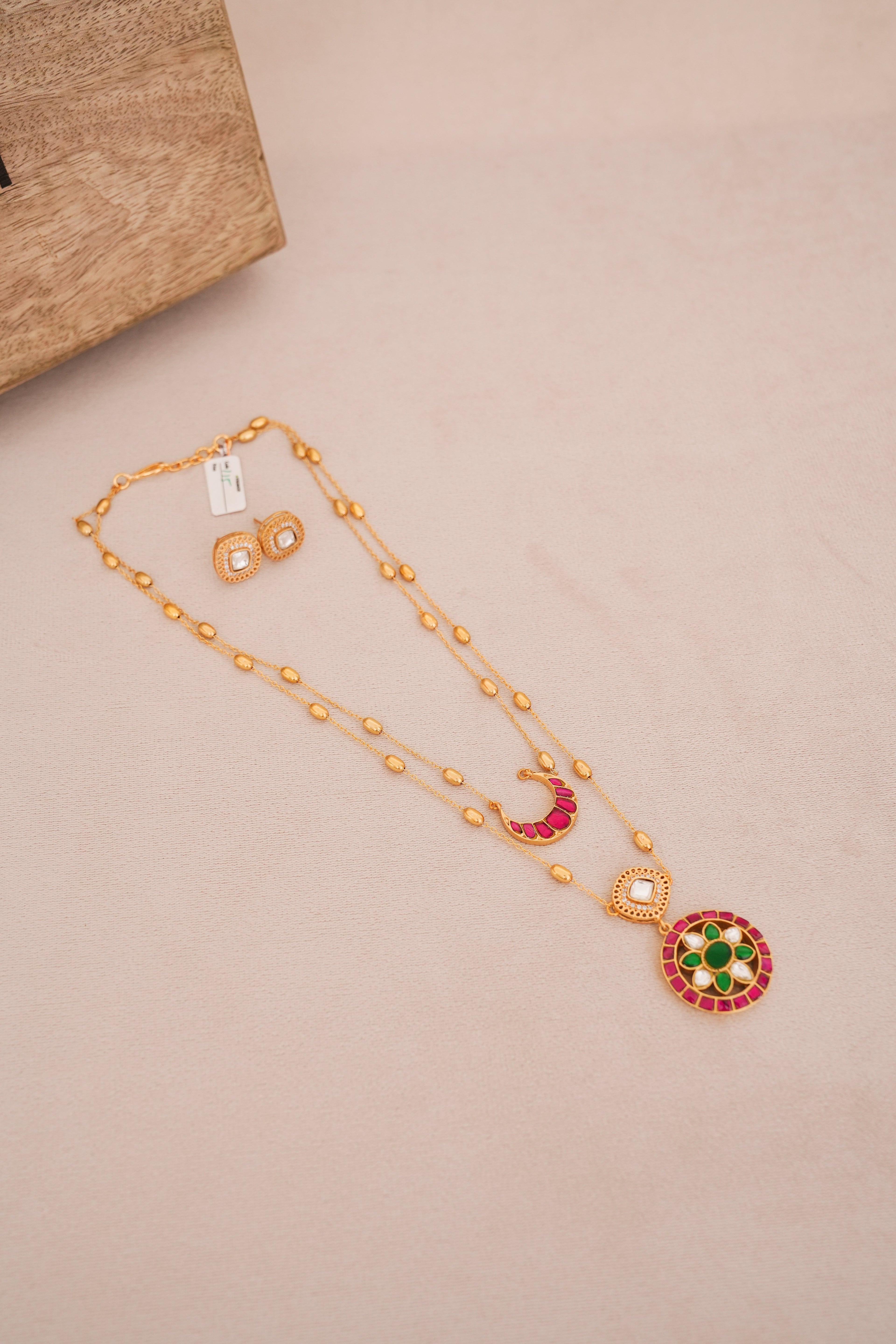 Crescent Jadau Kundan Pink & Green Dual Strand Pendant Set