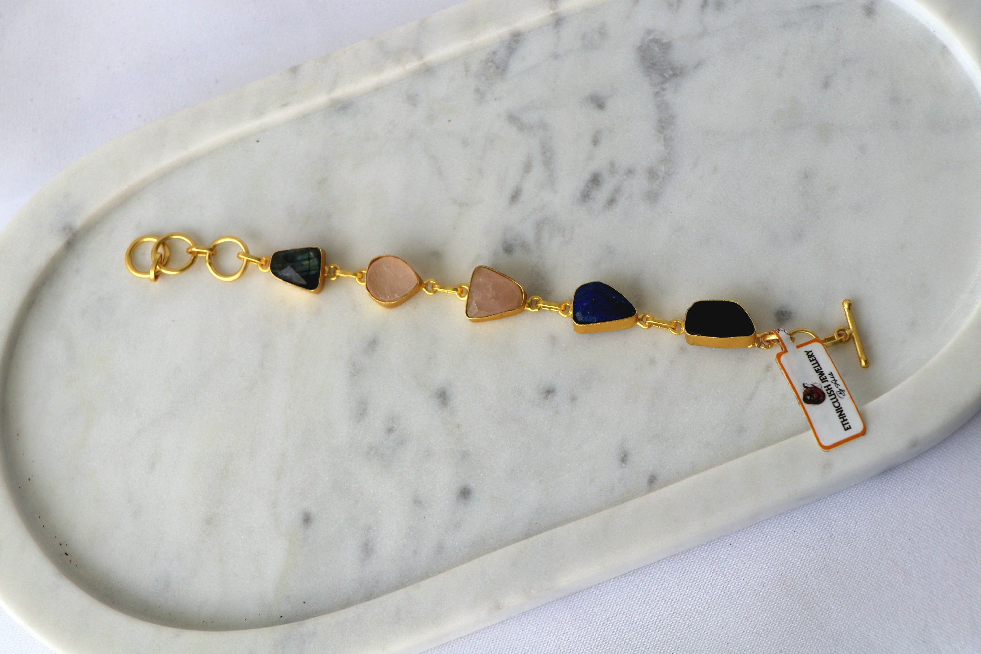 Multicolour Semi-Precious Stone Bracelet | Gold-Plated Natural Gemstone Bracelet | Handcrafted Statement Bracelet