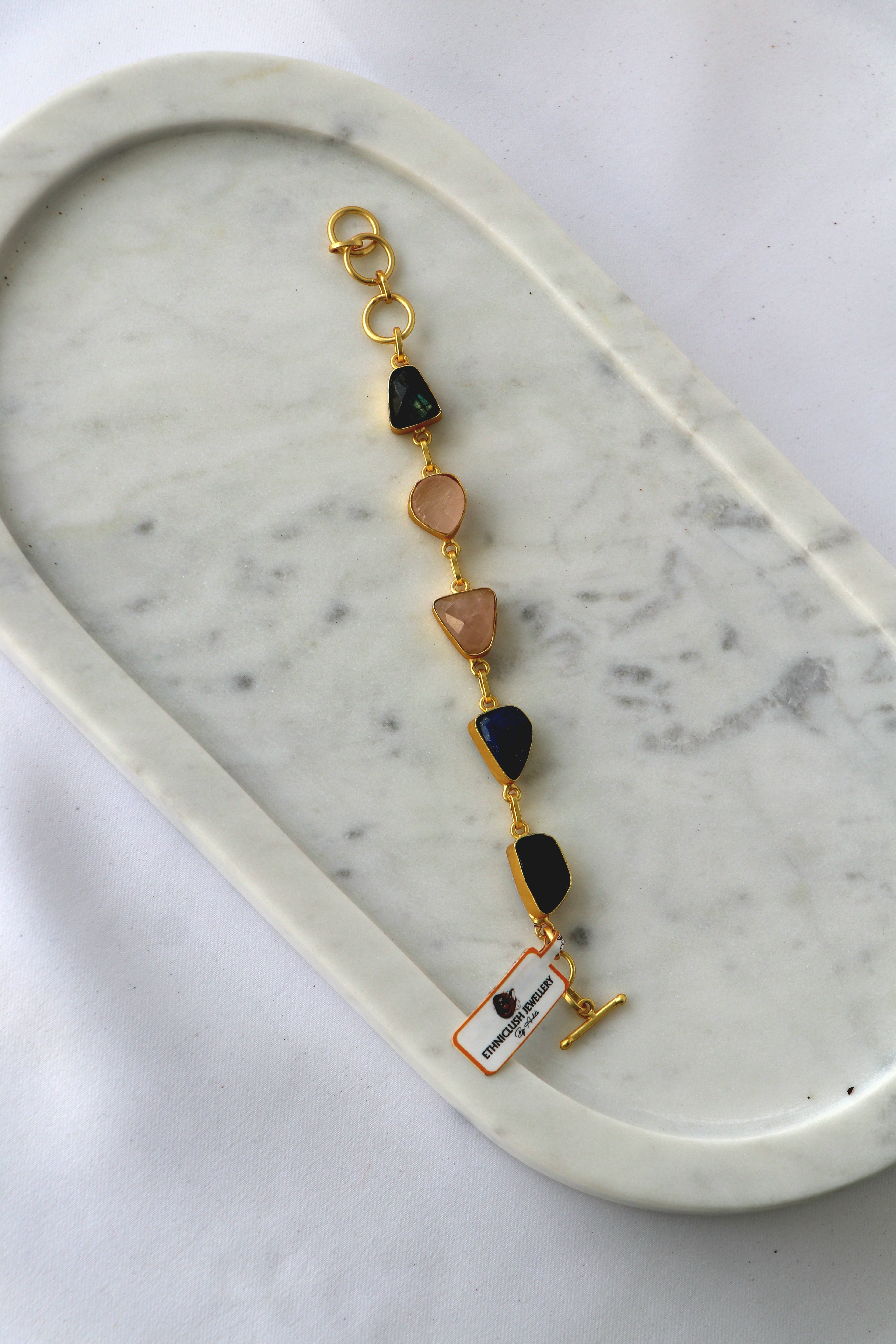 Multicolour Semi-Precious Stone Bracelet | Gold-Plated Natural Gemstone Bracelet | Handcrafted Statement Bracelet
