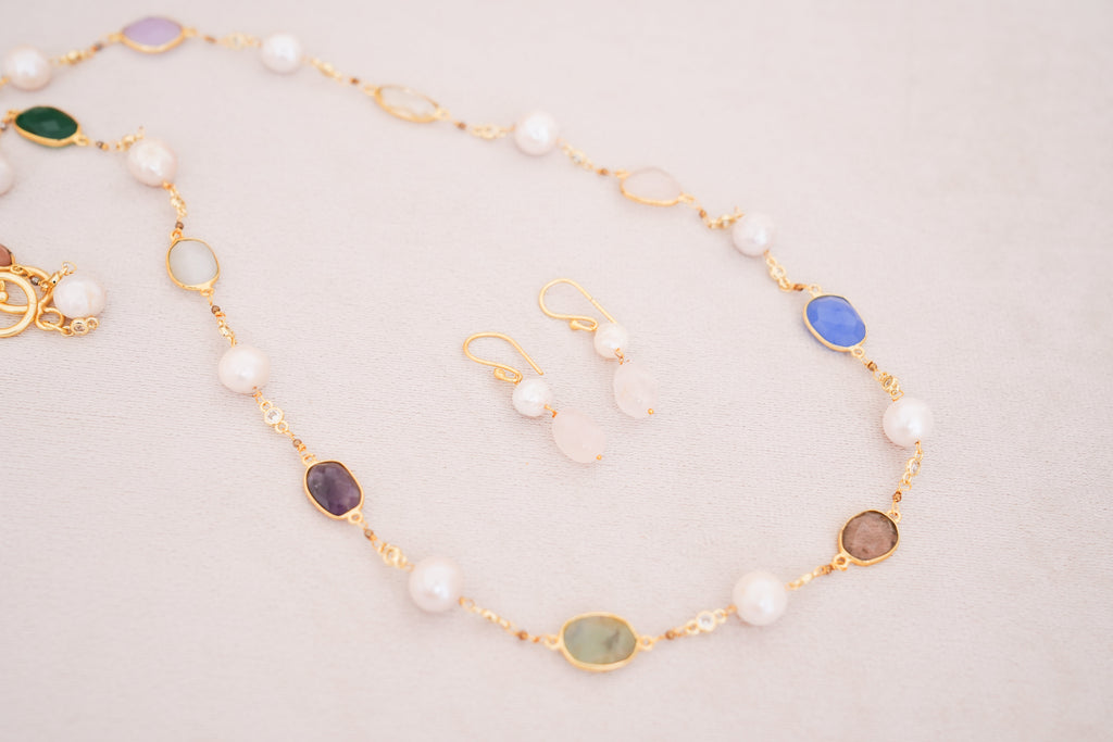 Natural Multi Gemstone & Freshwater Pearl Chain Set