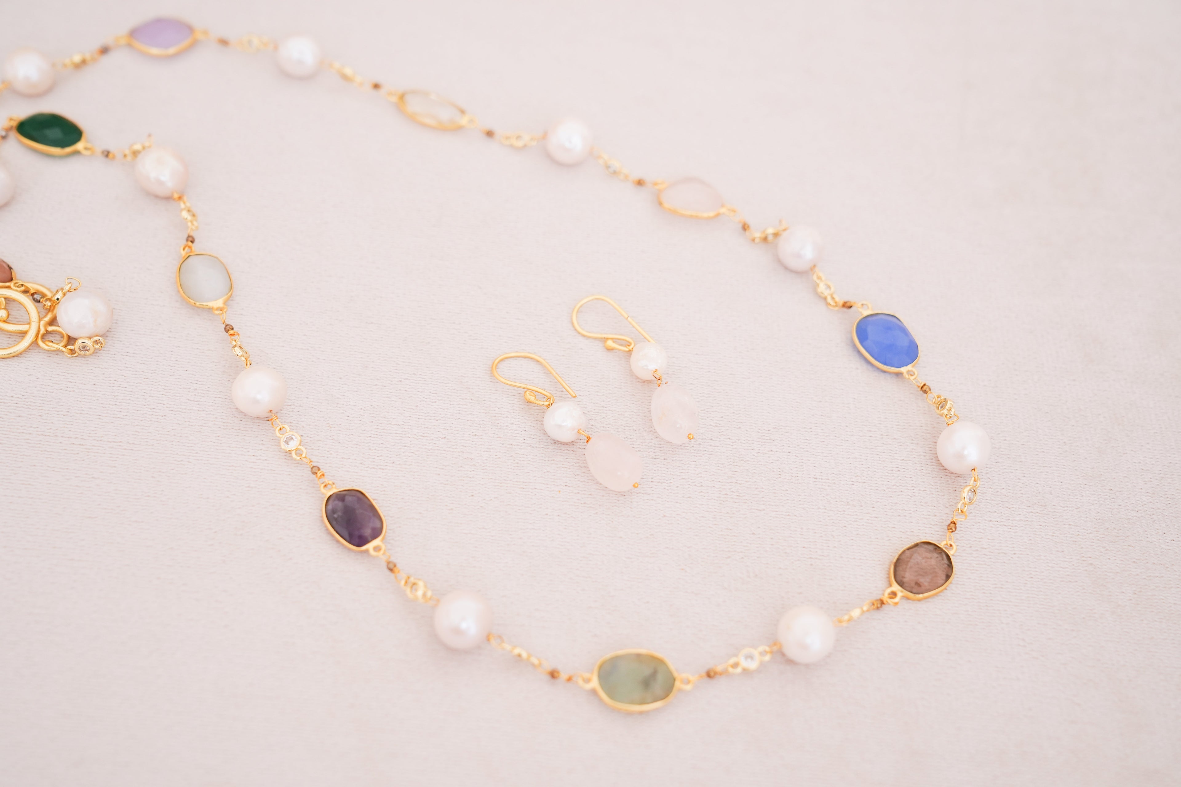 Natural Multi Gemstone & Freshwater Pearl Chain Set
