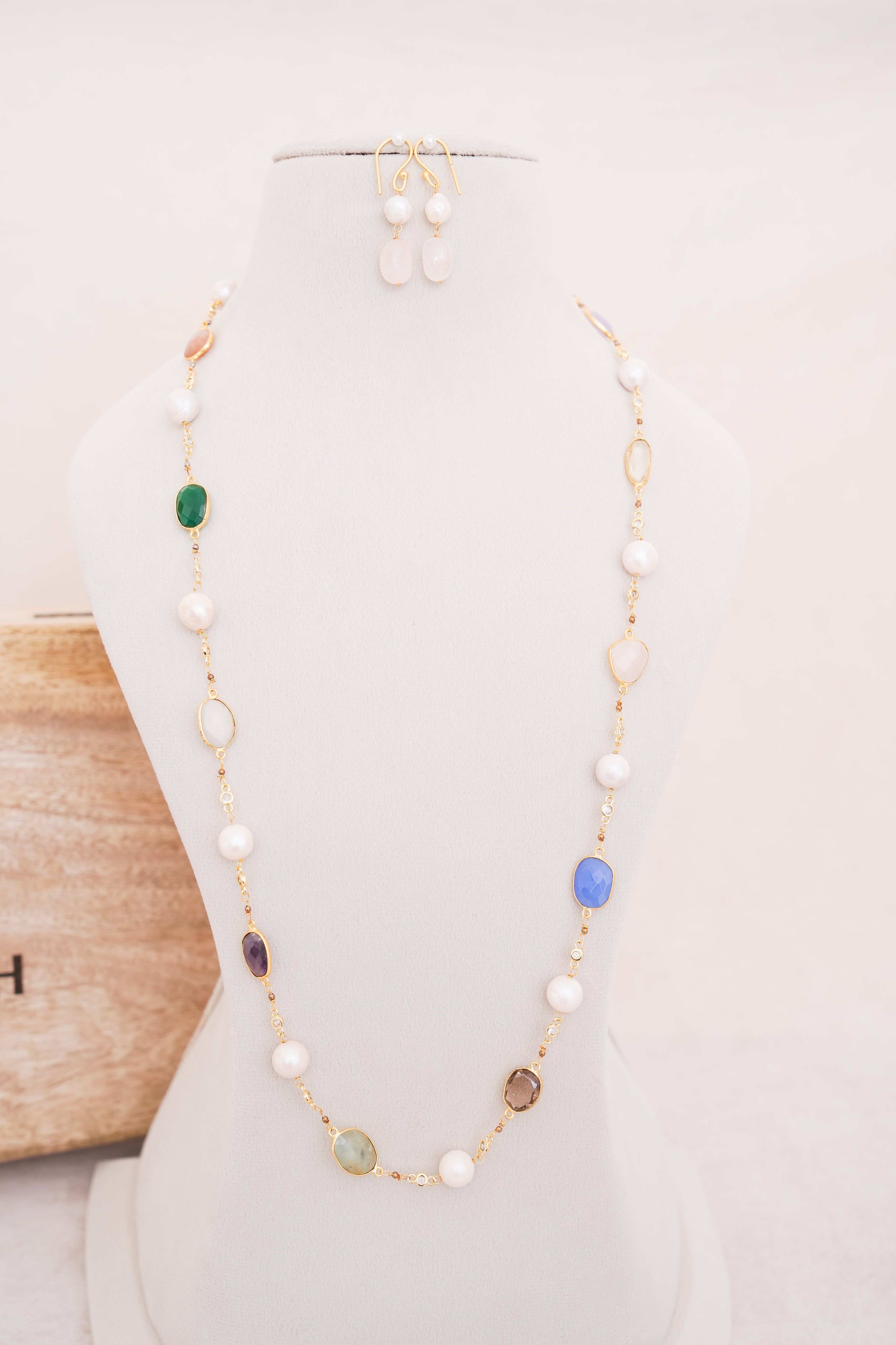 Natural Multi Gemstone & Freshwater Pearl Chain Set