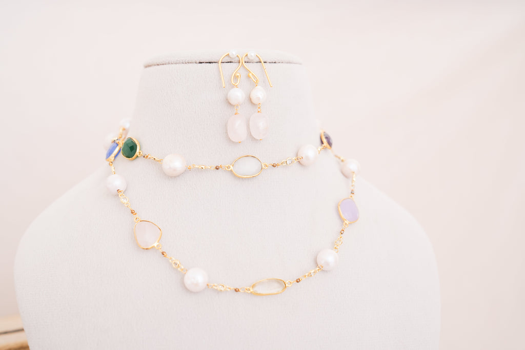 Natural Multi Gemstone & Freshwater Pearl Chain Set