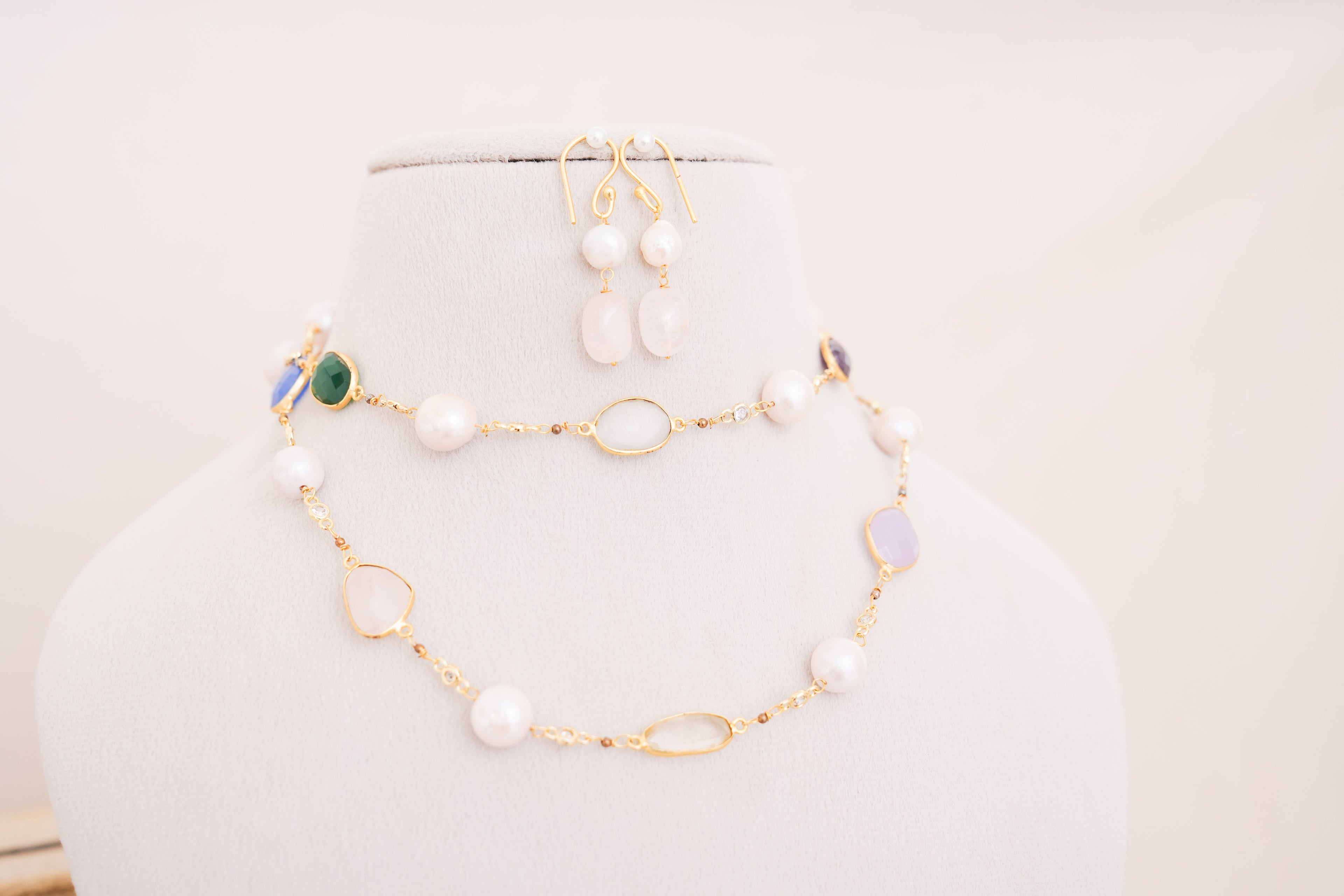 Natural Multi Gemstone & Freshwater Pearl Chain Set