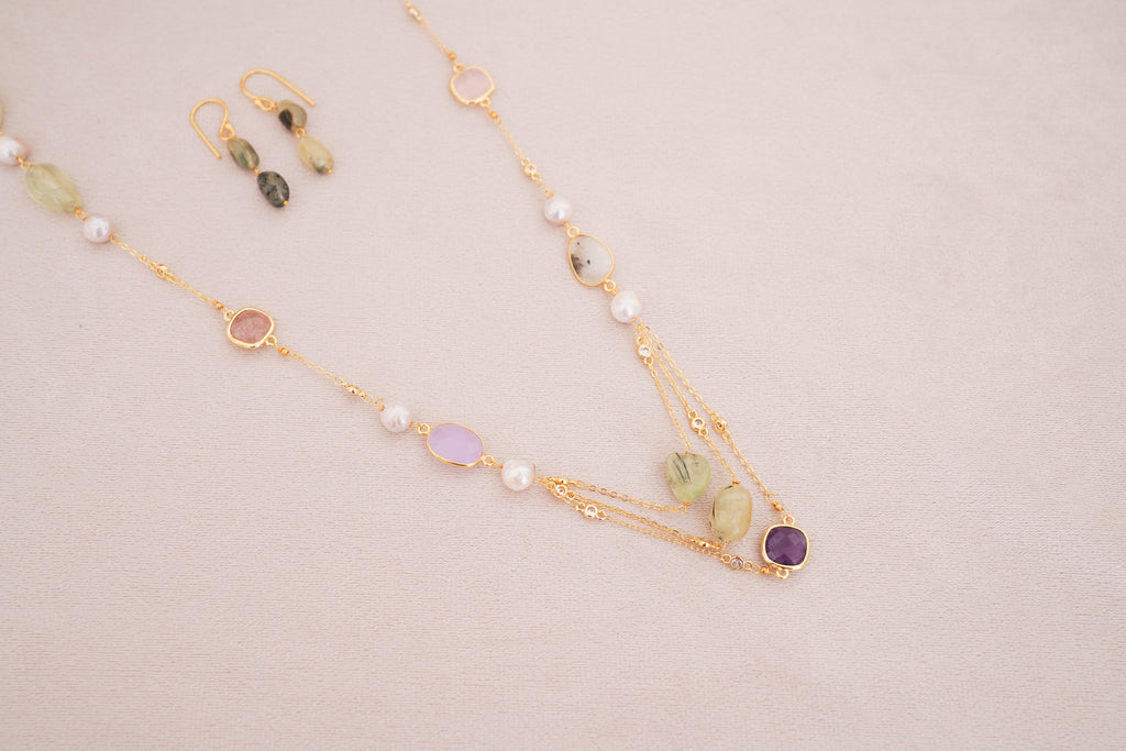 Celestial Harmony Layered Gemstone Pearl Necklace Set