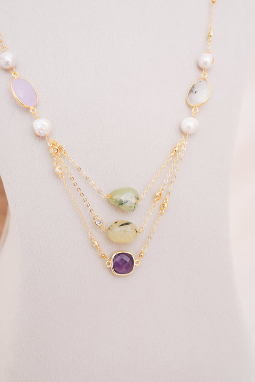 Celestial Harmony Layered Gemstone Pearl Necklace Set