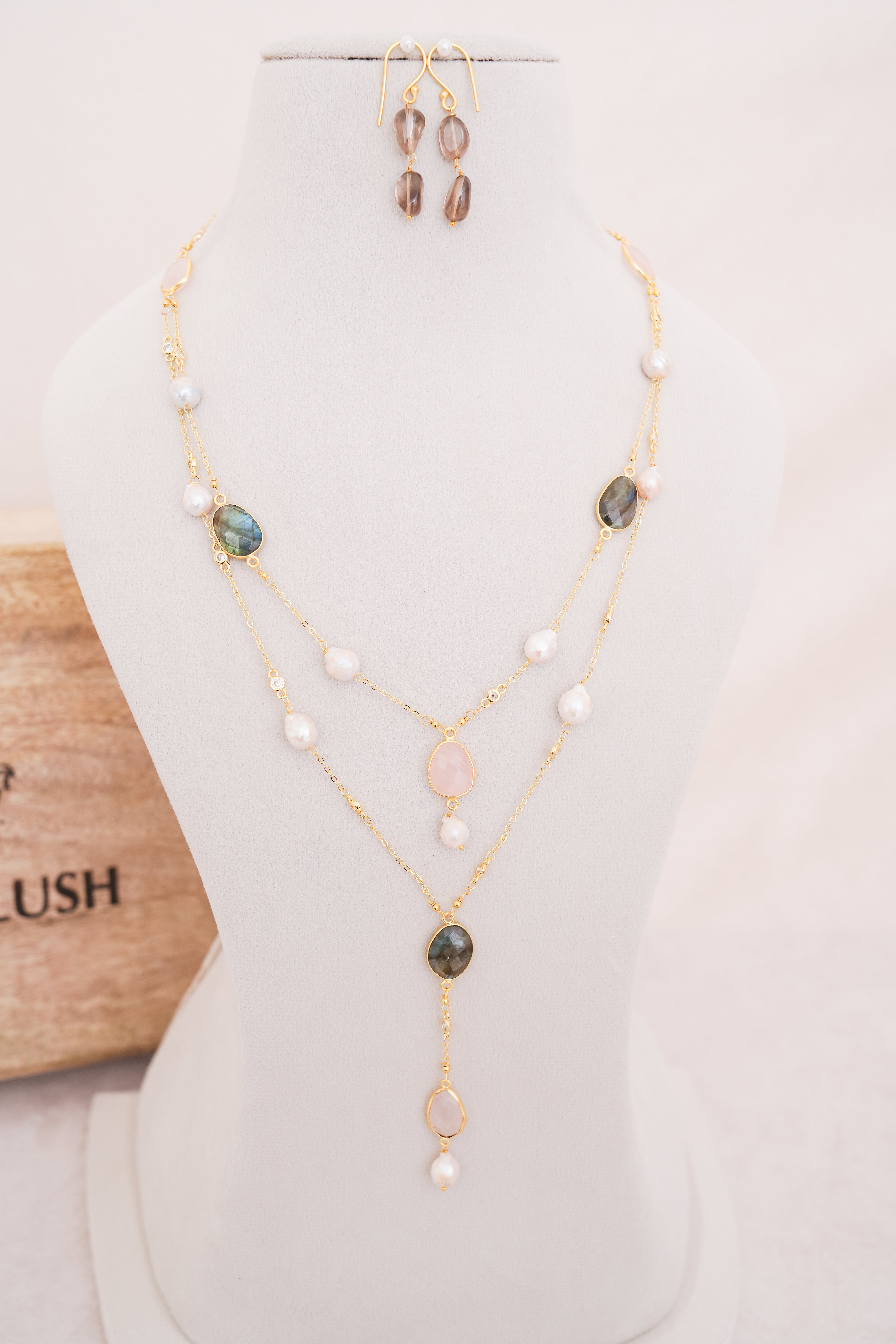 Labradorite & Freshwater Pearl Layered Y Necklace Set