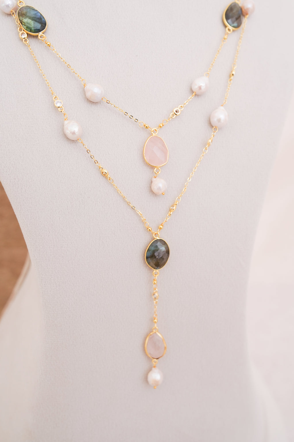 Labradorite & Freshwater Pearl Layered Y Necklace Set
