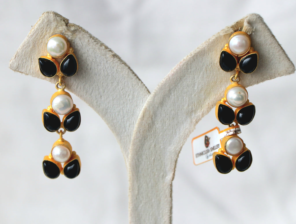 Celestial Pearl Onyx Cascade Earrings