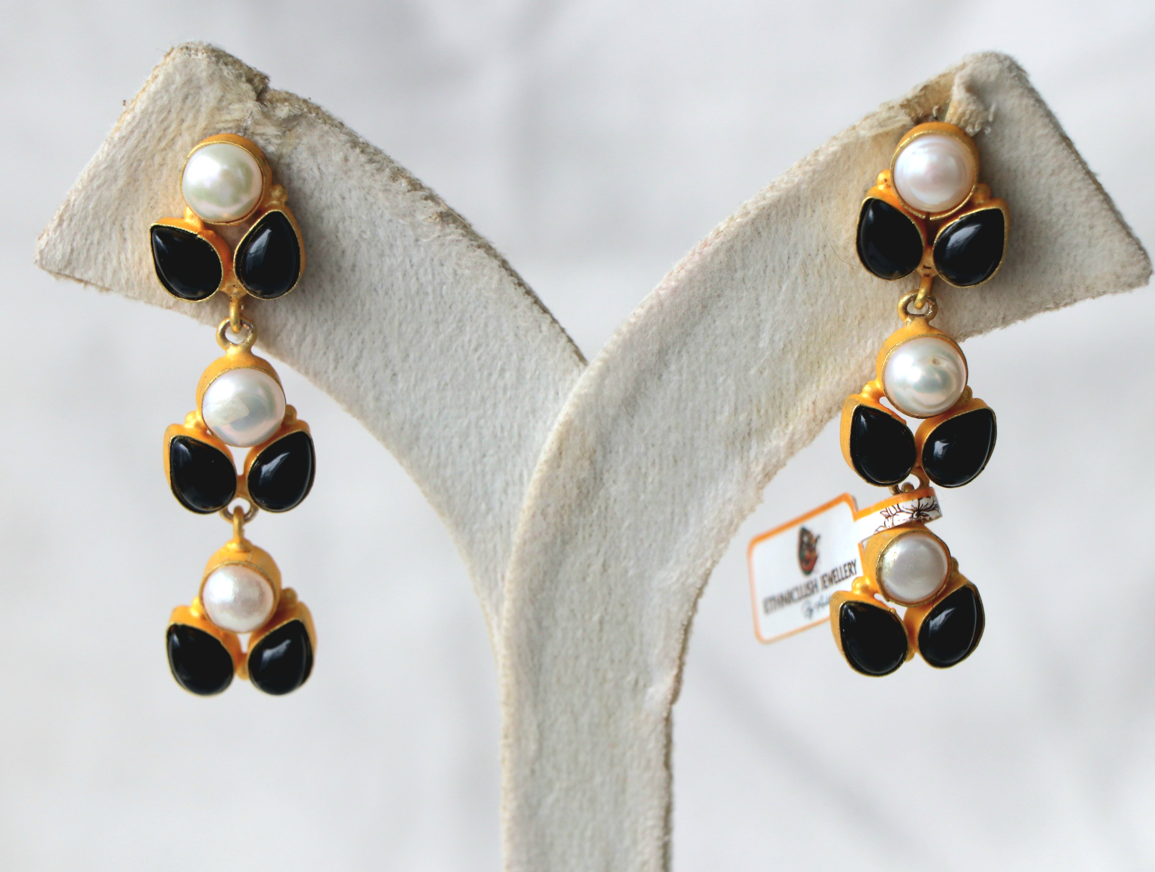 Celestial Pearl Onyx Cascade Earrings