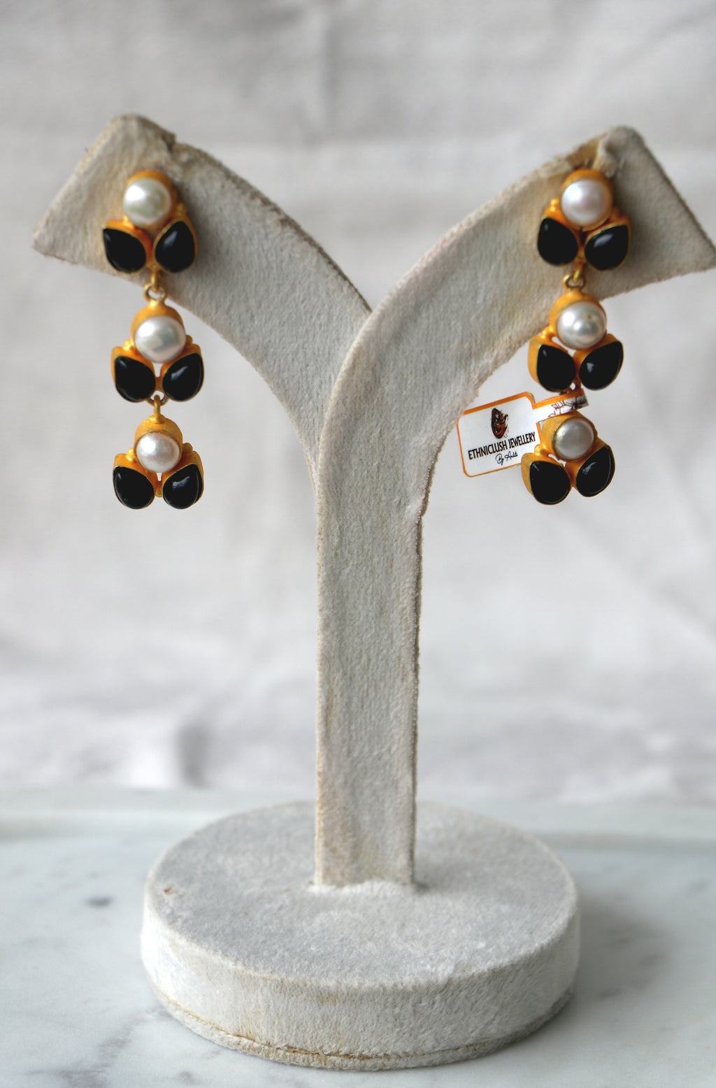 Celestial Pearl Onyx Cascade Earrings