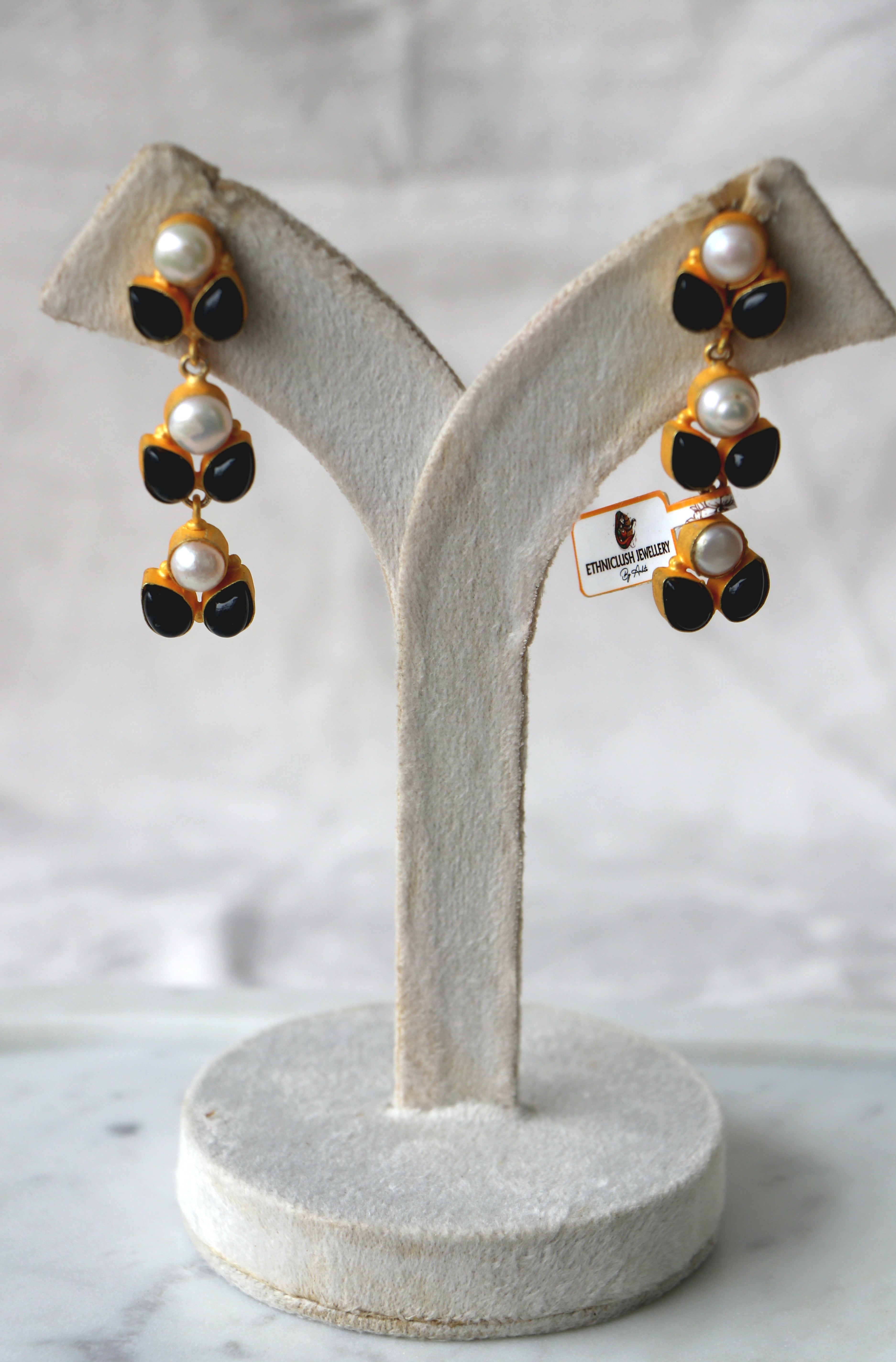 Celestial Pearl Onyx Cascade Earrings