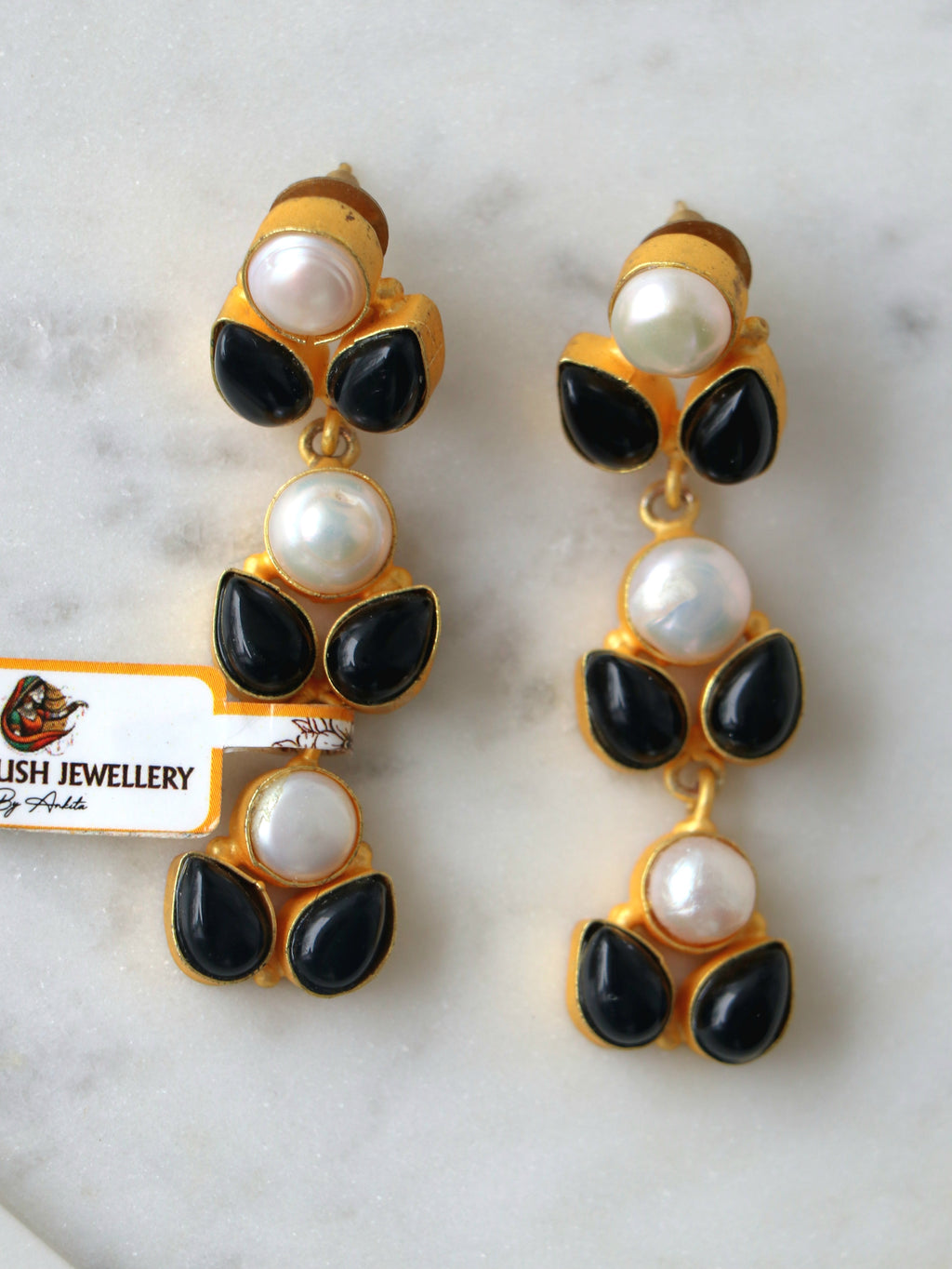 Celestial Pearl Onyx Cascade Earrings