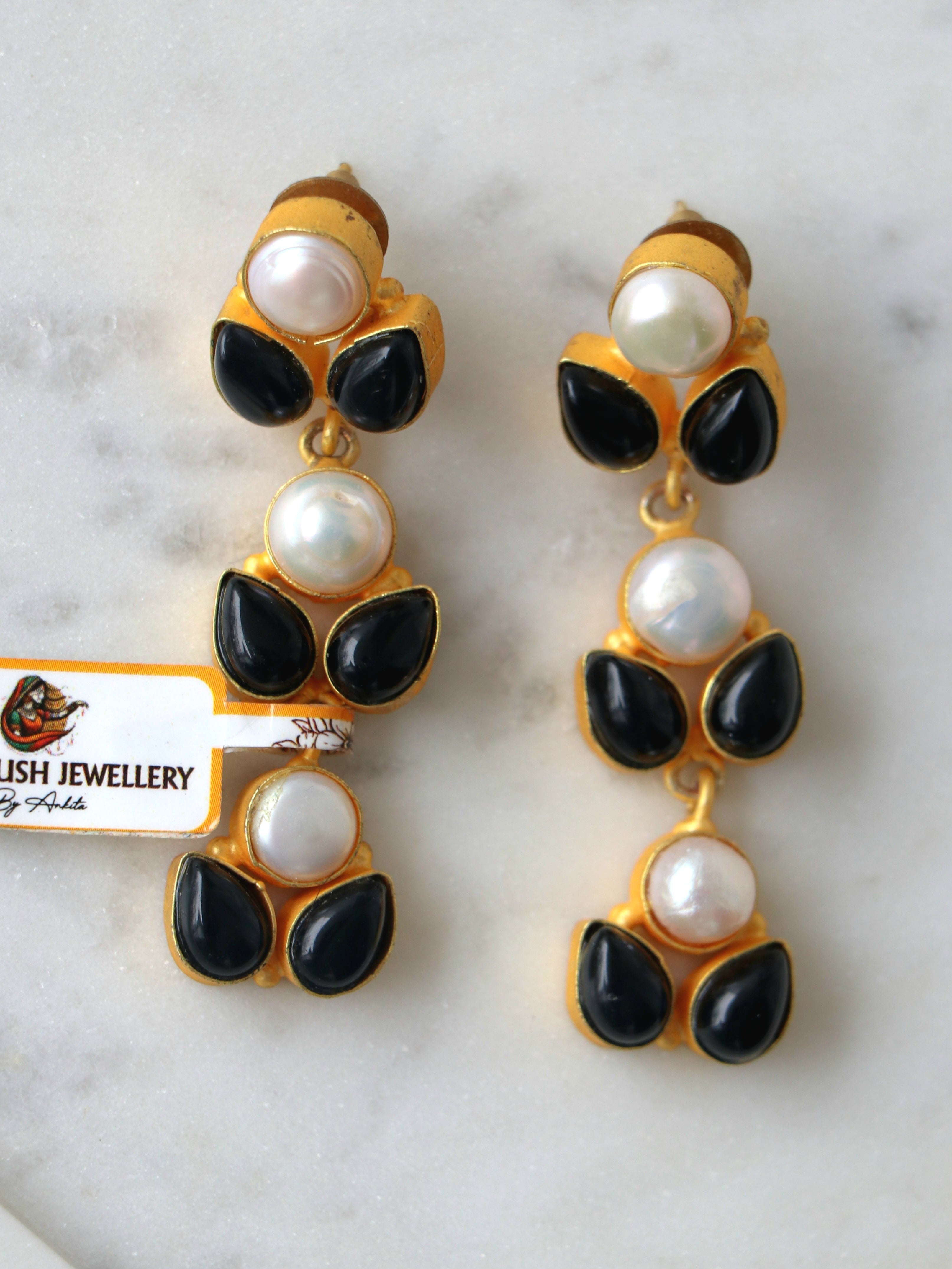 Celestial Pearl Onyx Cascade Earrings