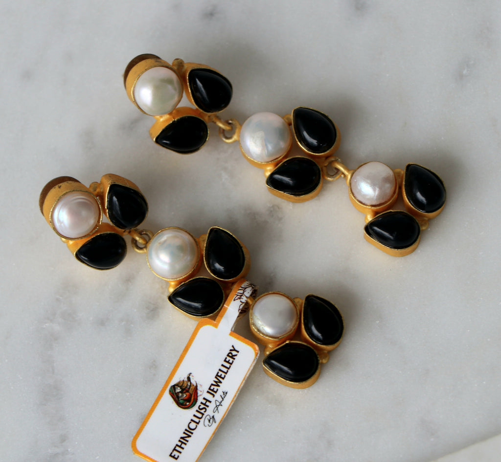 Celestial Pearl Onyx Cascade Earrings