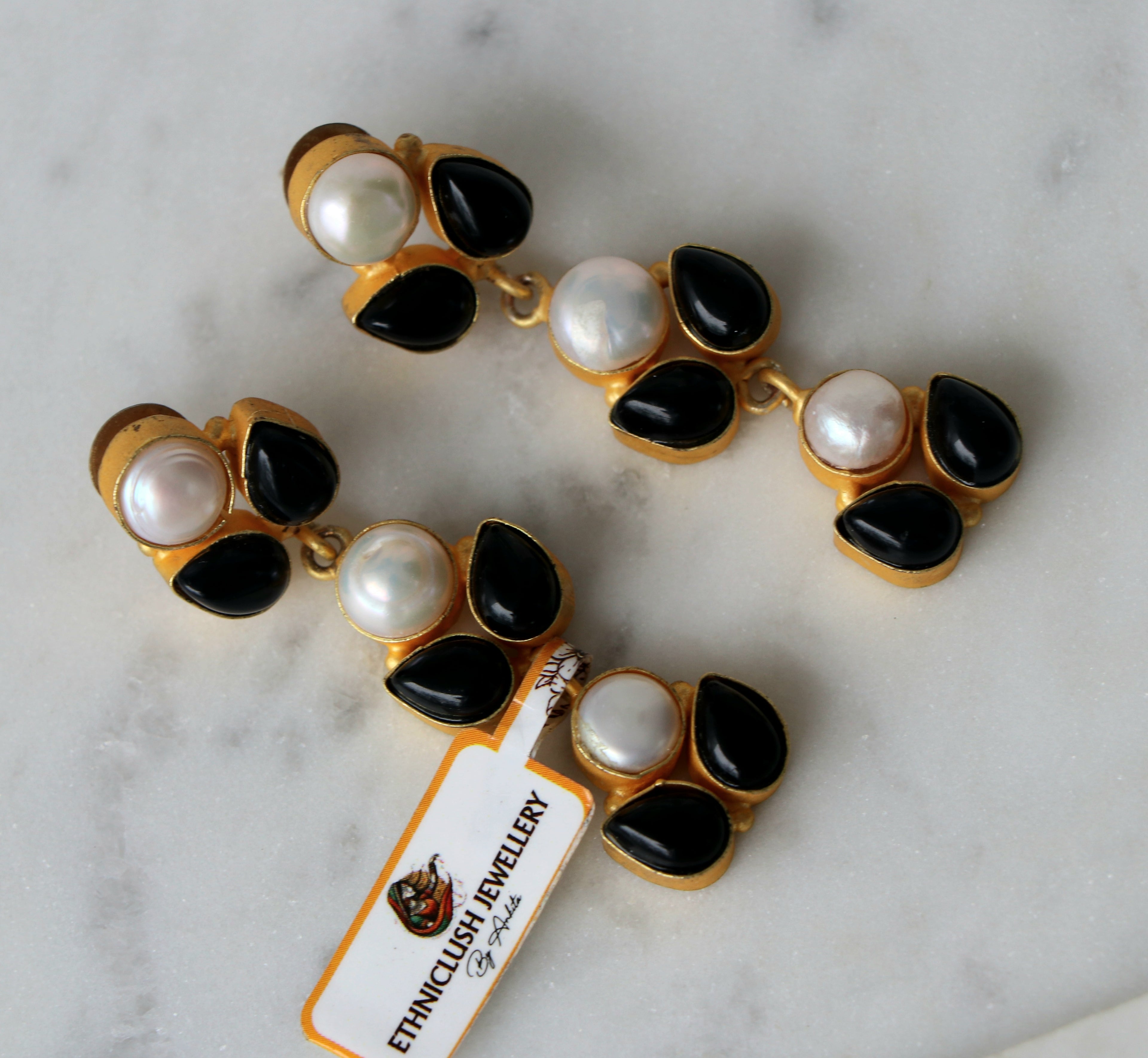 Celestial Pearl Onyx Cascade Earrings