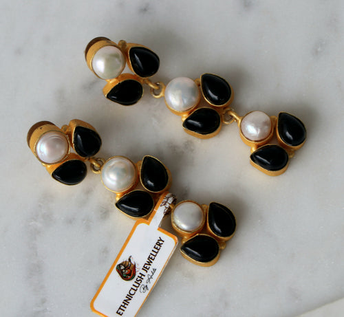Celestial Pearl Onyx Cascade Earrings