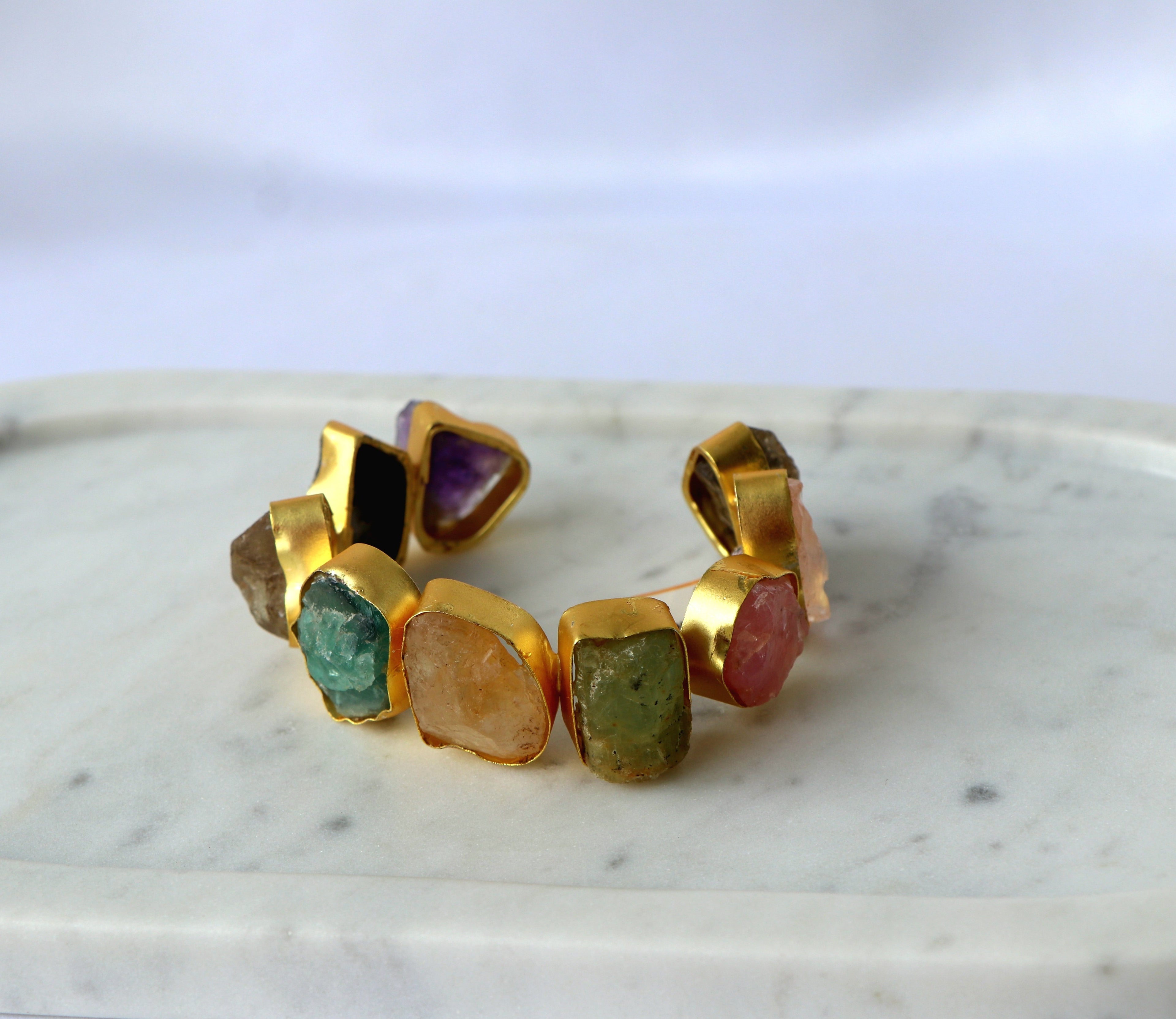 Multicolour Natural Gemstone Cuff Bracelet | Gold-Plated Semi-Precious Stone Statement Bracelet