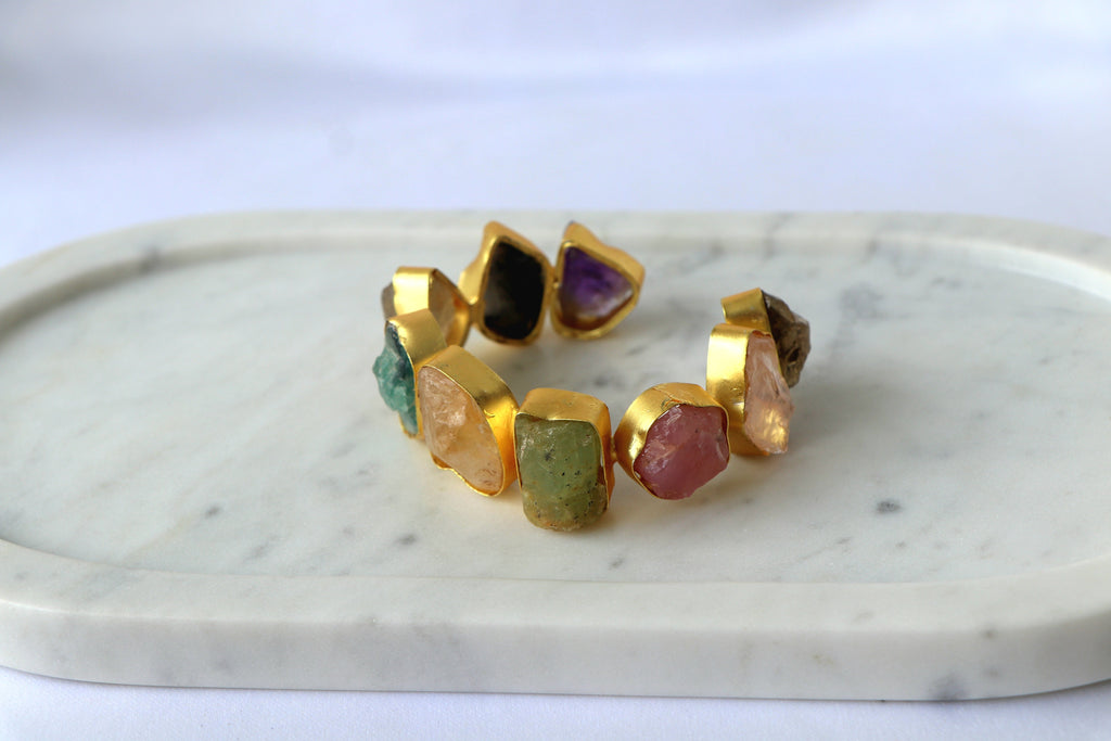 Multicolour Natural Gemstone Cuff Bracelet | Gold-Plated Semi-Precious Stone Statement Bracelet