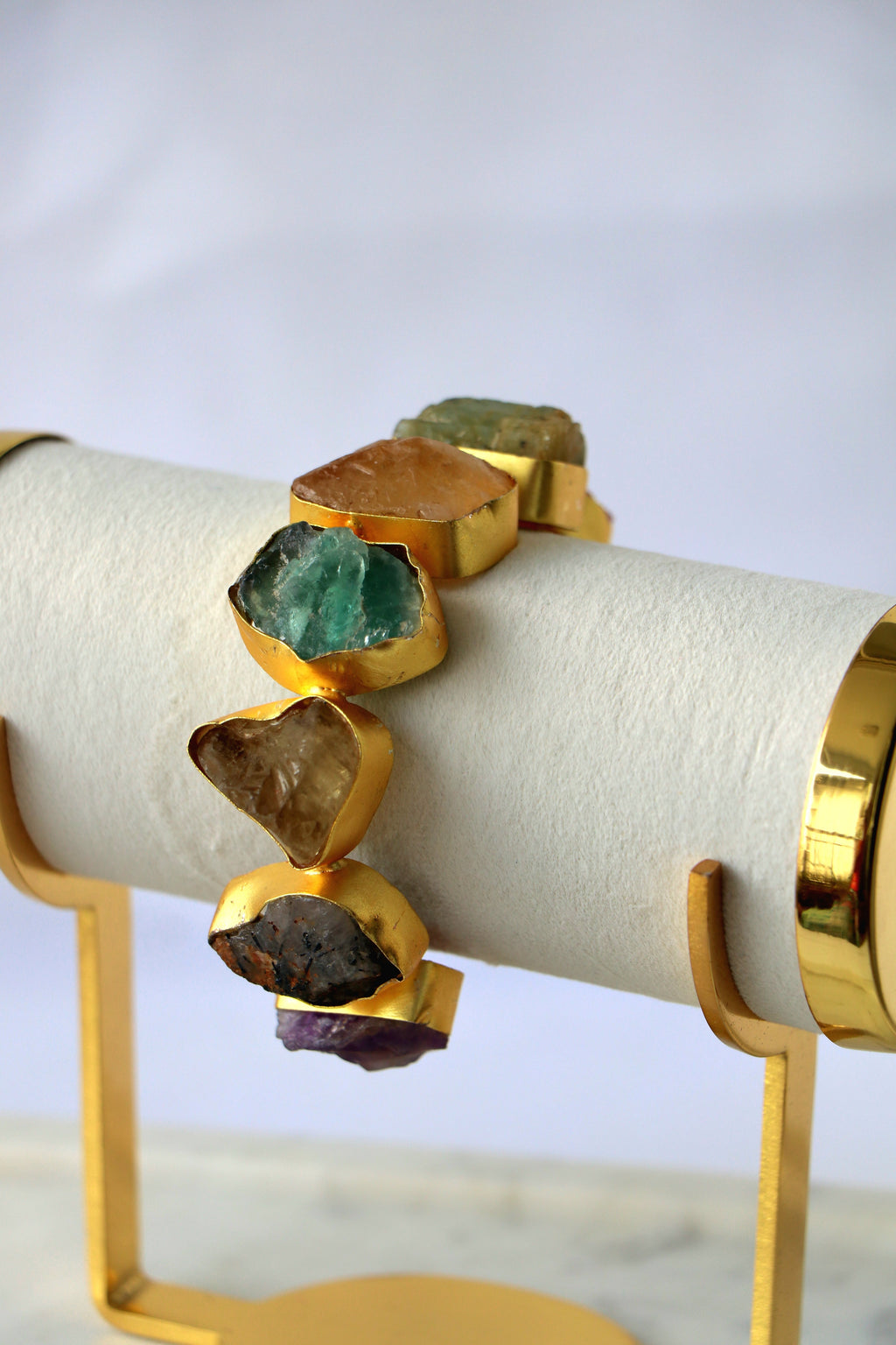 Multicolour Natural Gemstone Cuff Bracelet | Gold-Plated Semi-Precious Stone Statement Bracelet