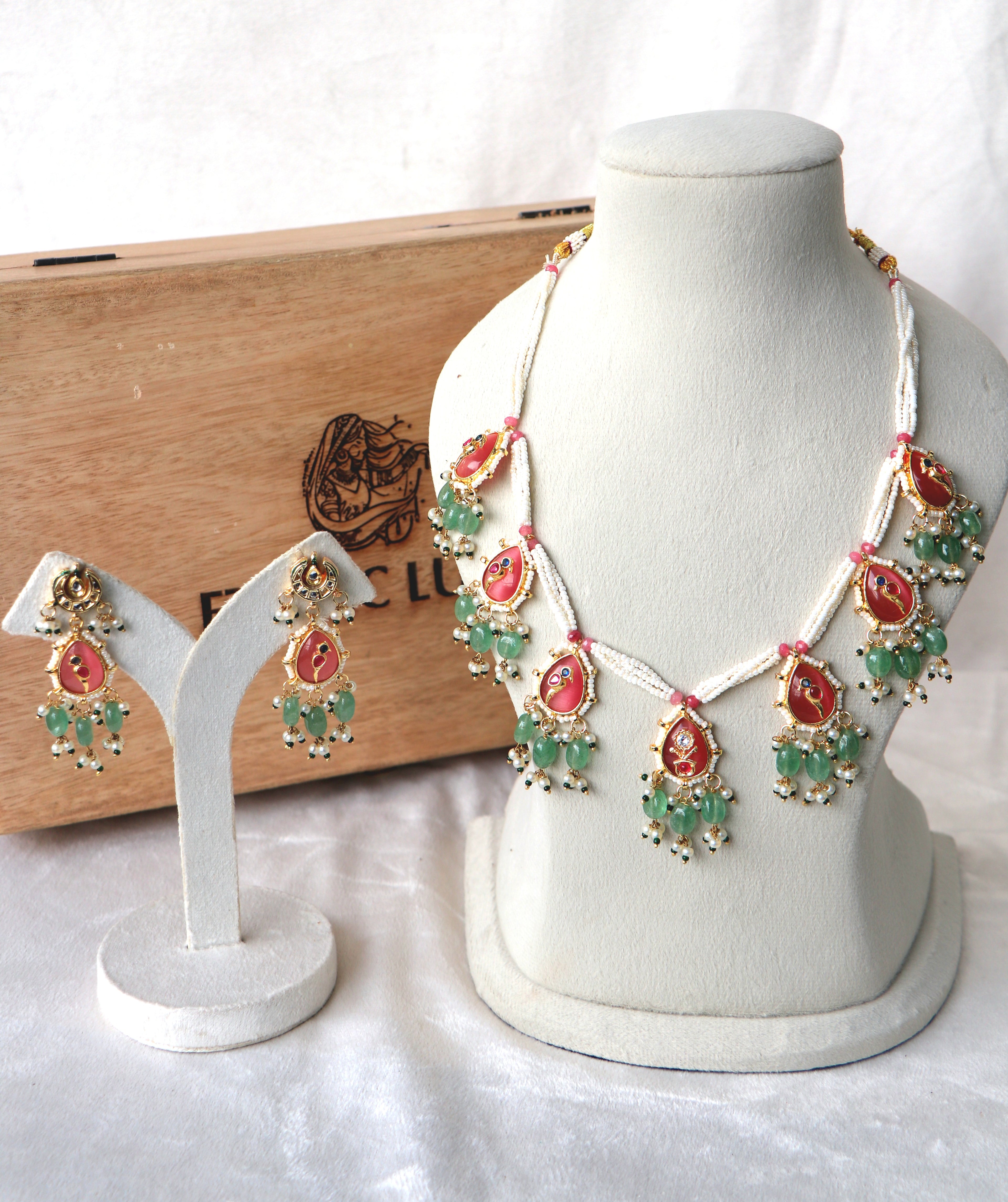 Coral & Green stone Pearl Necklace And Earring Set