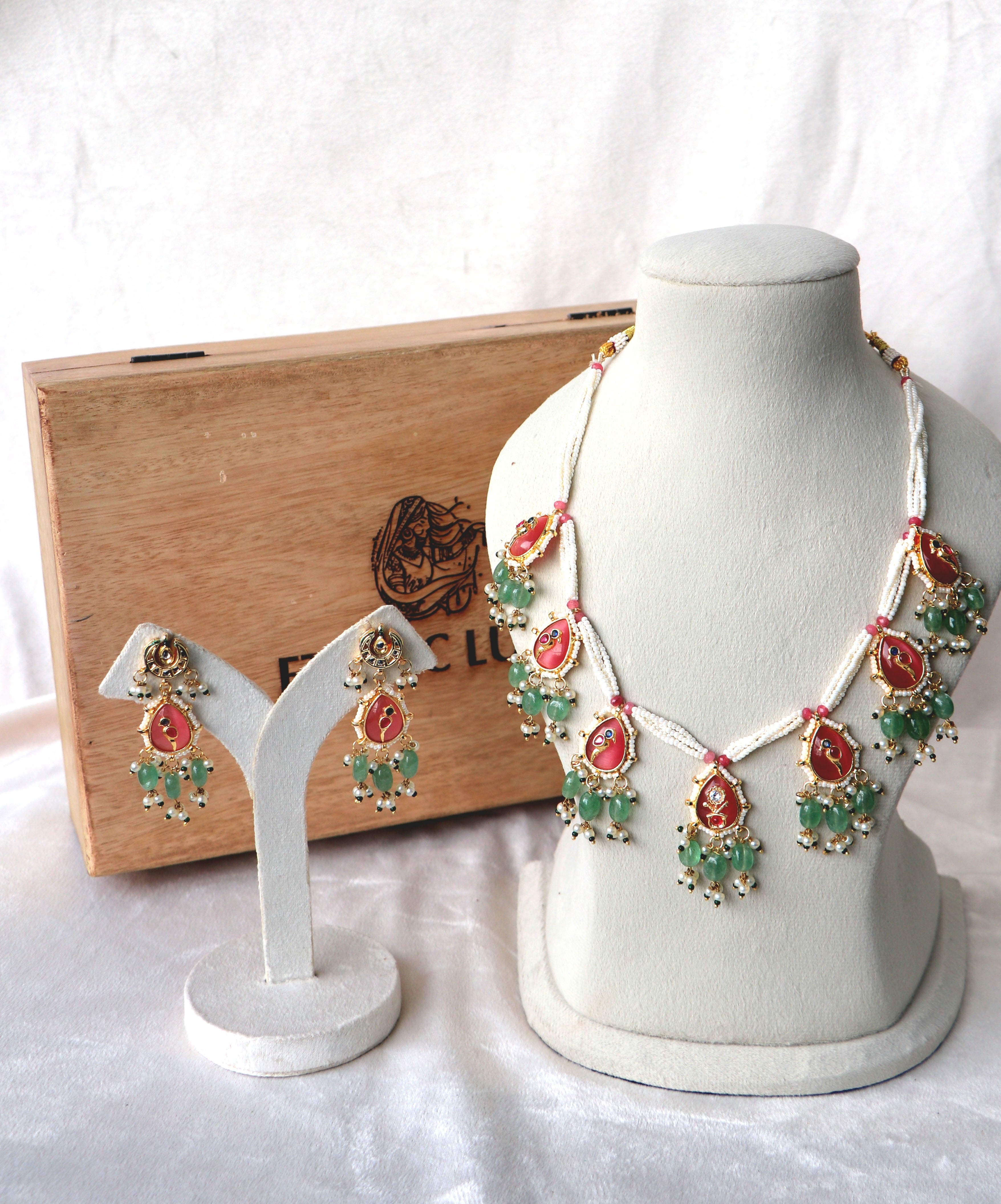 Coral & Green stone Pearl Necklace And Earring Set