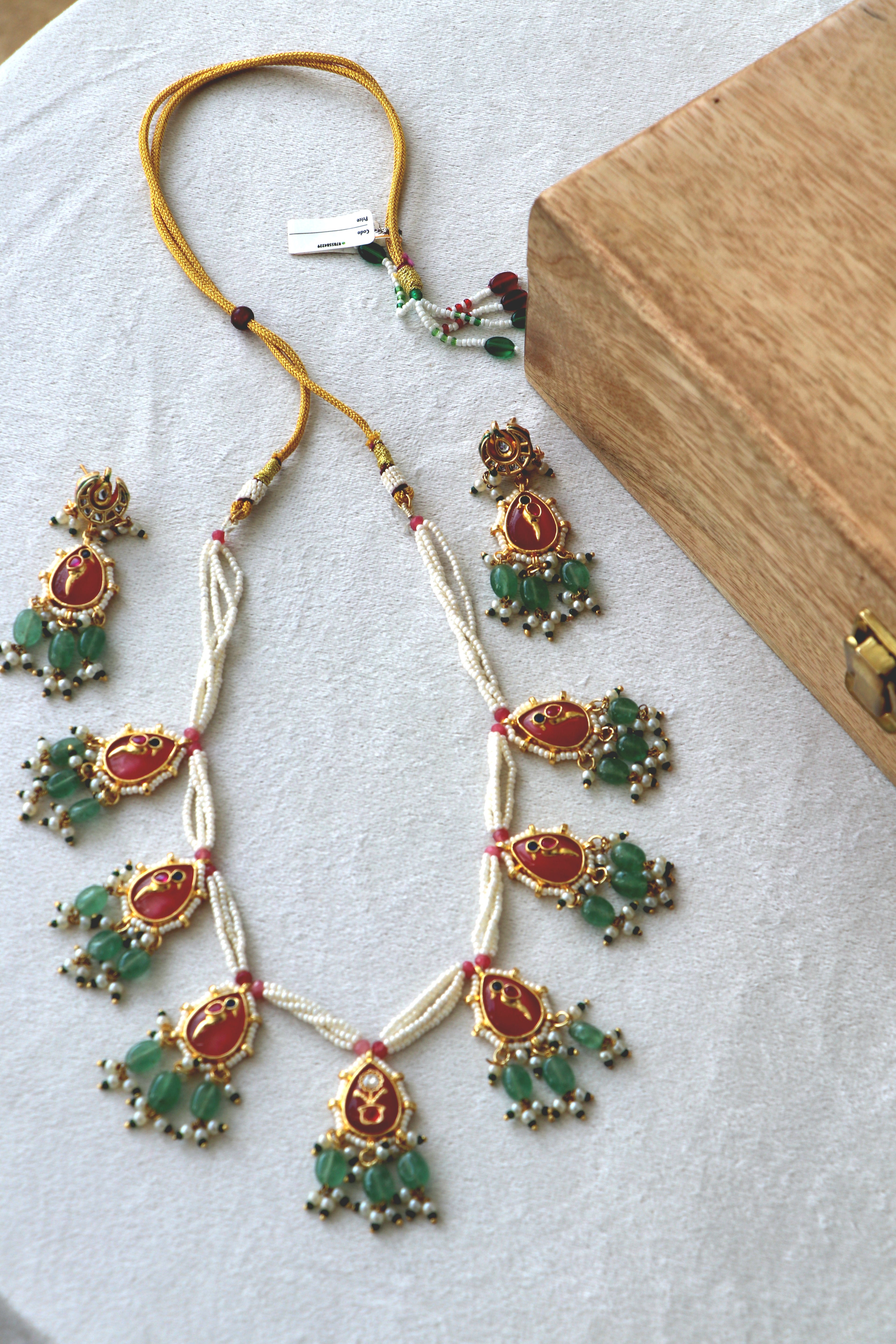 Coral & Green stone Pearl Necklace And Earring Set